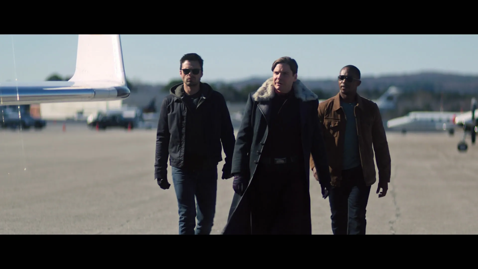 Daniel Brühl, Anthony Mackie, and Sebastian Stan in The Falcon and the Winter Soldier (2021)