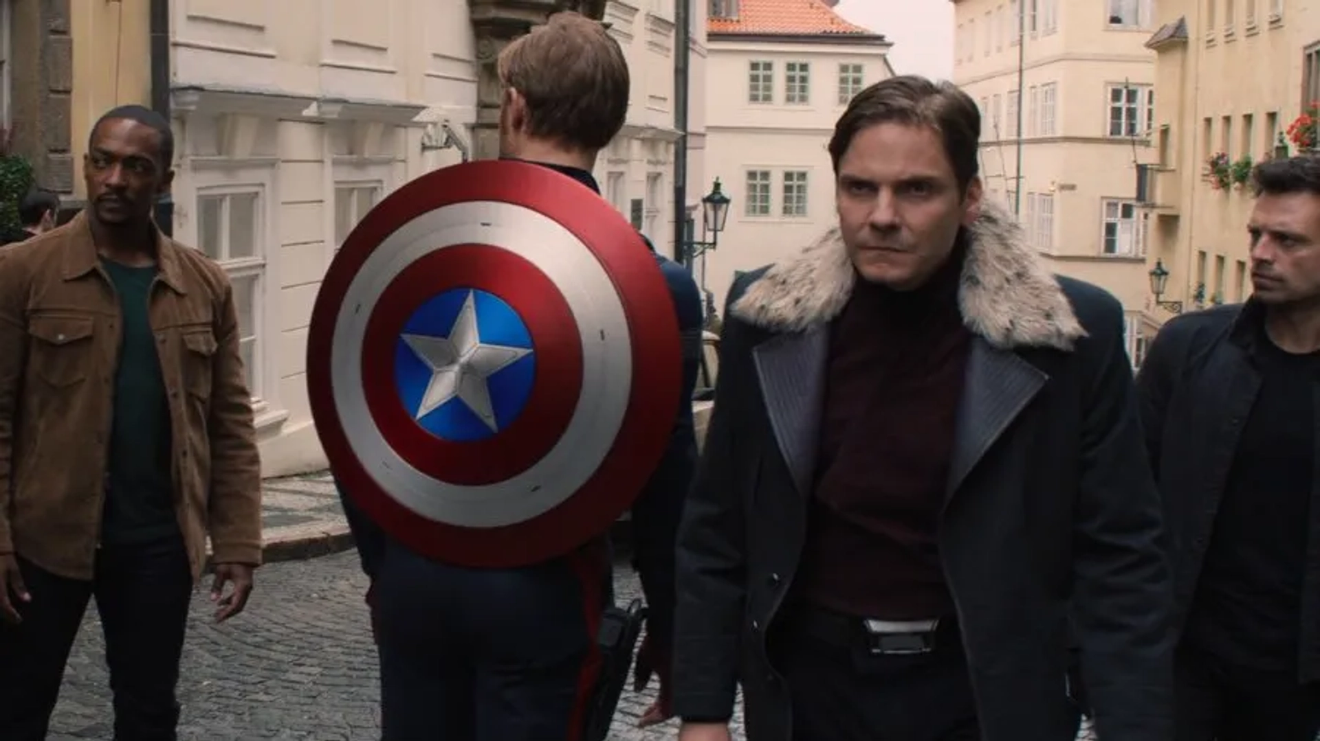 Daniel Brühl, Wyatt Russell, Anthony Mackie, and Sebastian Stan in The Falcon and the Winter Soldier (2021)