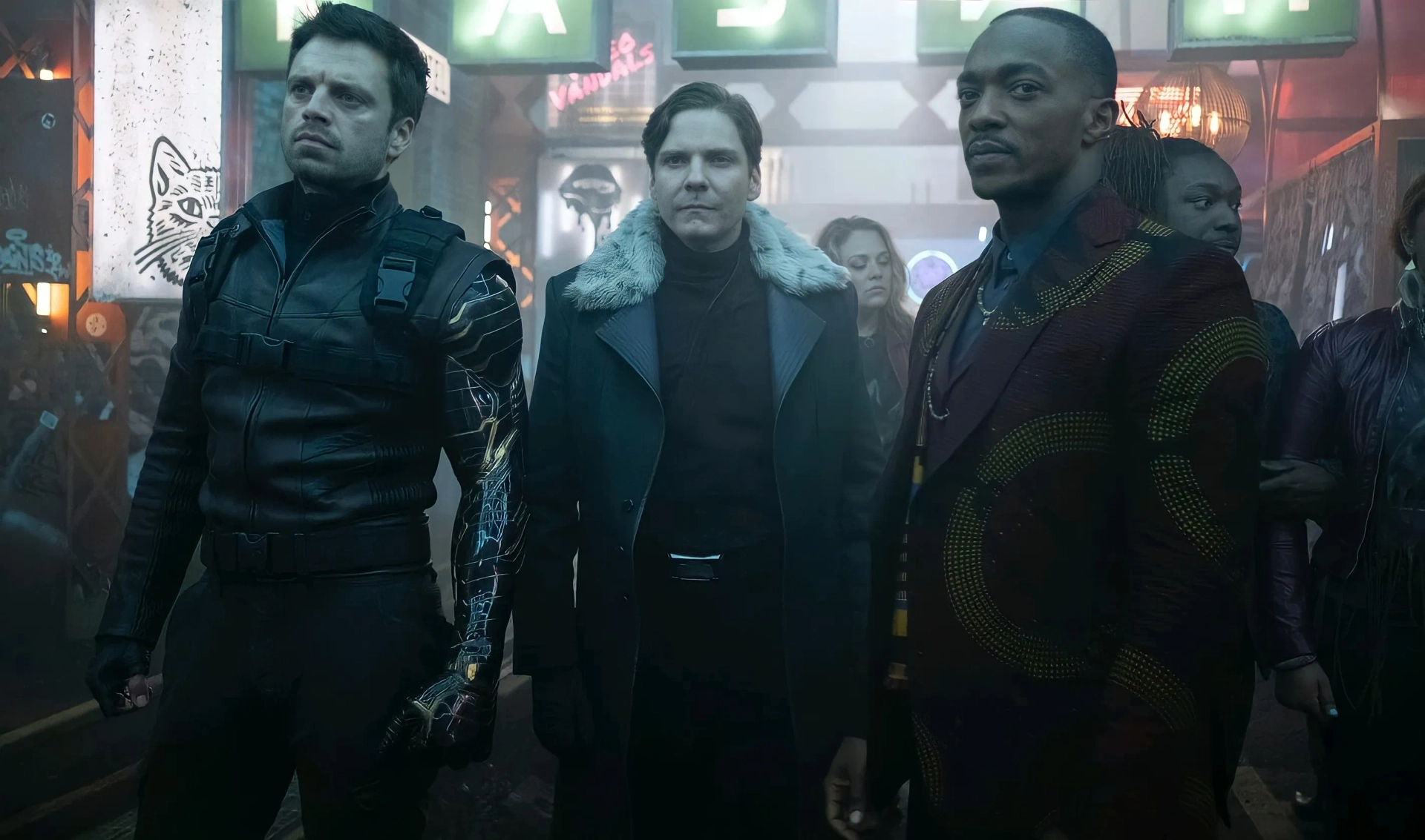 Daniel Brühl, Anthony Mackie, and Sebastian Stan in The Falcon and the Winter Soldier (2021)