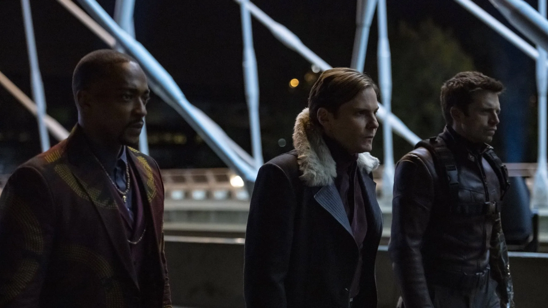 Daniel Brühl, Anthony Mackie, and Sebastian Stan in The Falcon and the Winter Soldier (2021)