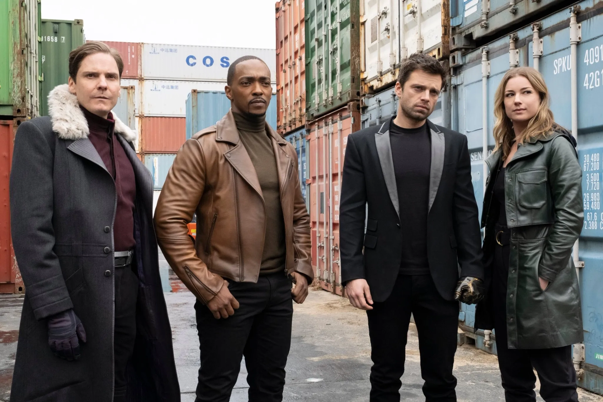 Daniel Brühl, Emily VanCamp, Anthony Mackie, and Sebastian Stan in The Falcon and the Winter Soldier (2021)