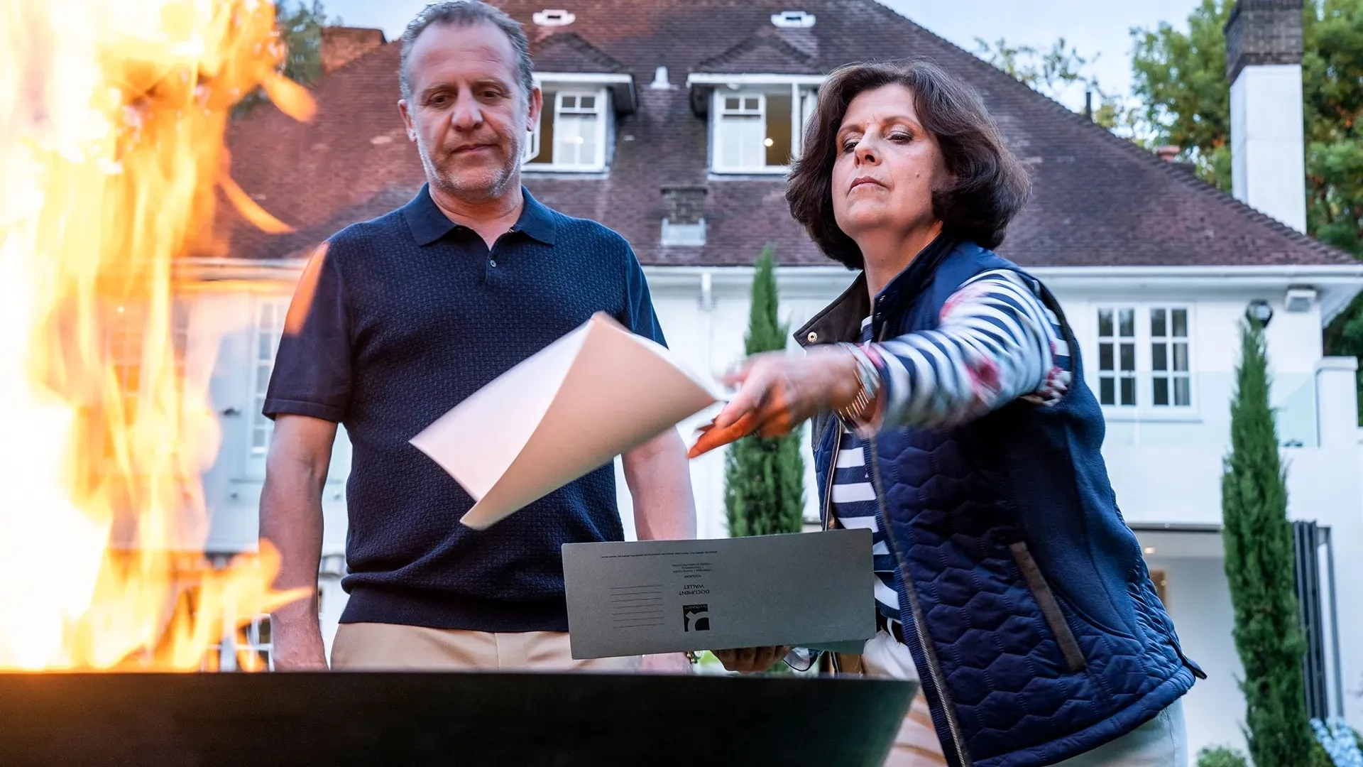 Rebecca Front and Nigel Lindsay in The Chelsea Detective (2022)