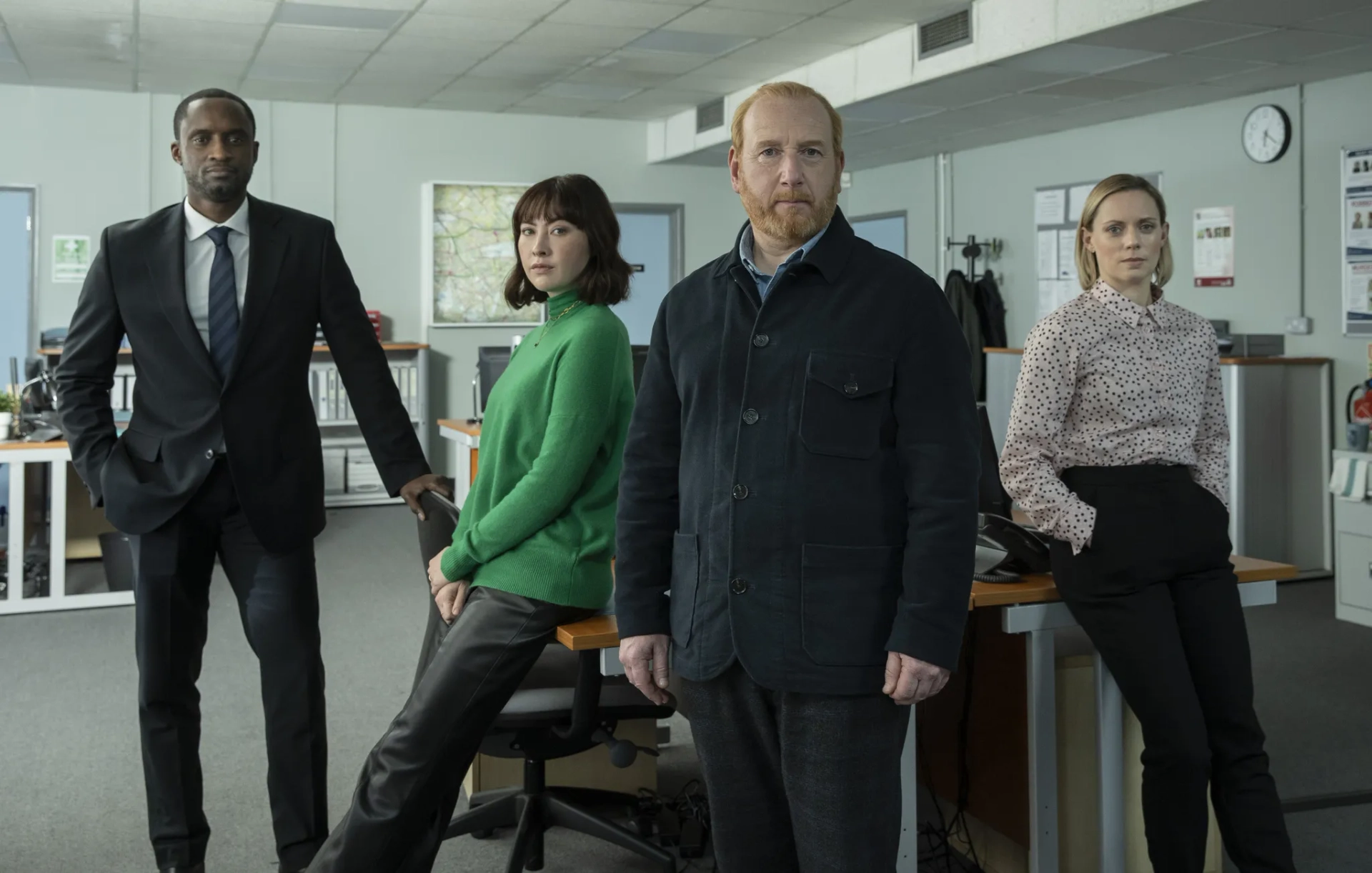 Adrian Scarborough, Peter Bankolé, Vanessa Emme, and Lucy Phelps in The Chelsea Detective (2022)