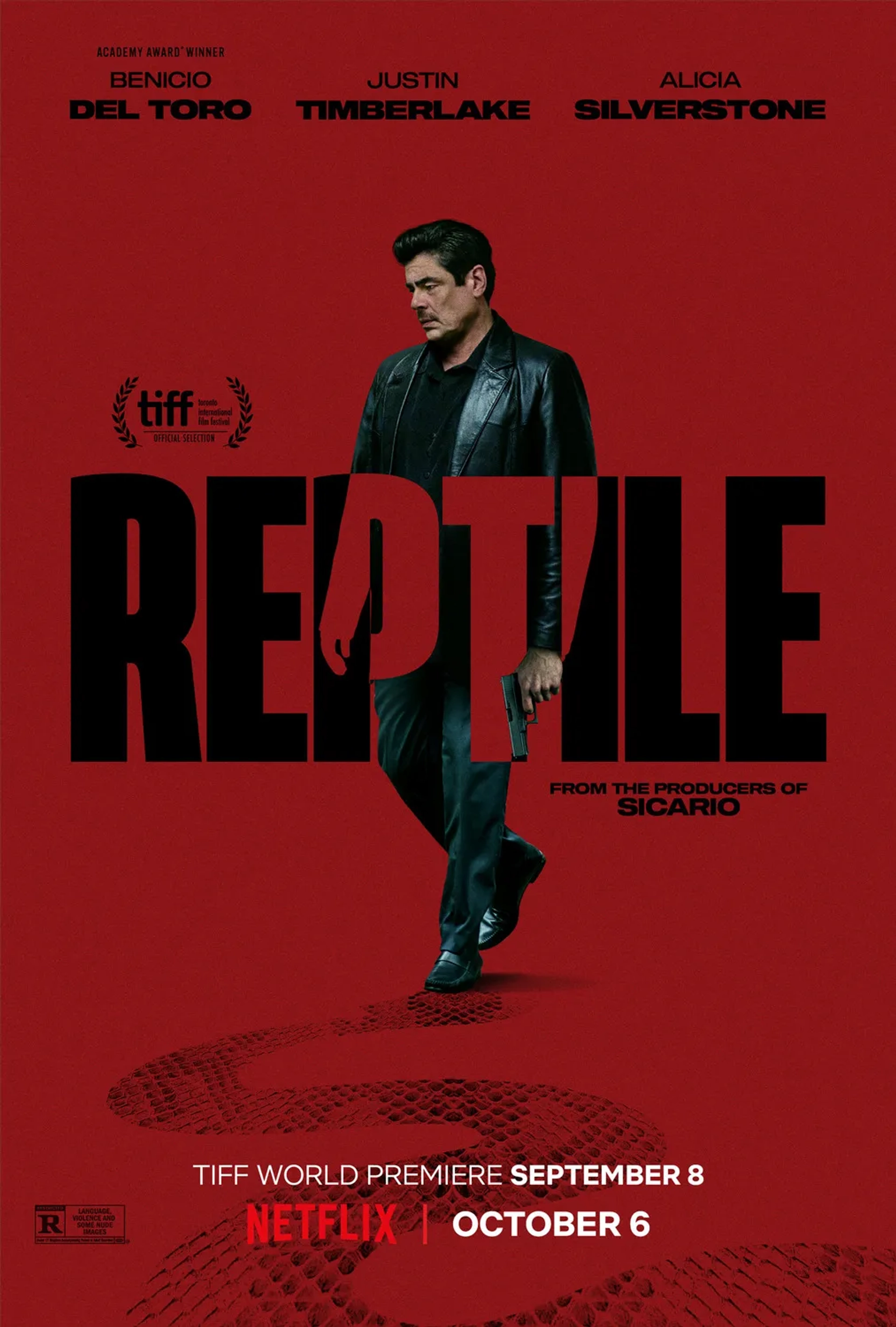 Alicia Silverstone, Benicio Del Toro, Thad Luckinbill, and Michael Pitt in Reptile (2023)