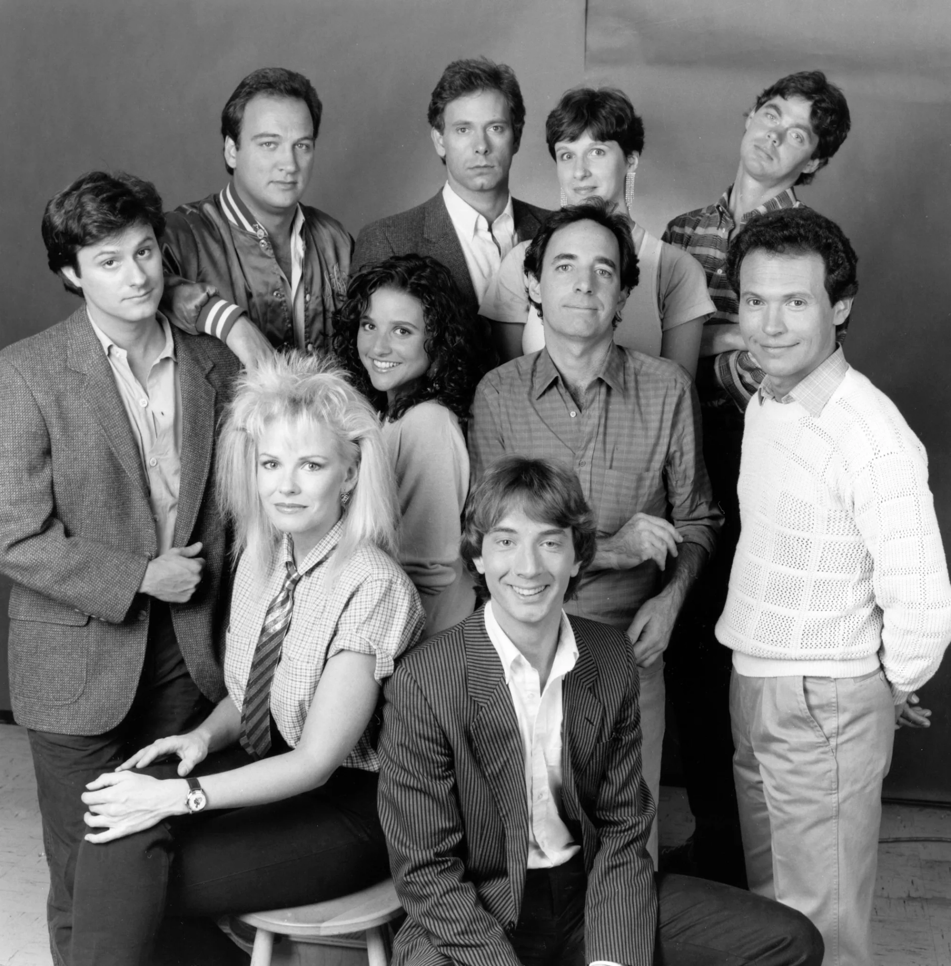 Billy Crystal, Julia Louis-Dreyfus, Jim Belushi, Christopher Guest, Martin Short, Mary Gross, Rich Hall, Gary Kroeger, Harry Shearer, and Pamela Stephenson in Saturday Night Live (1975)