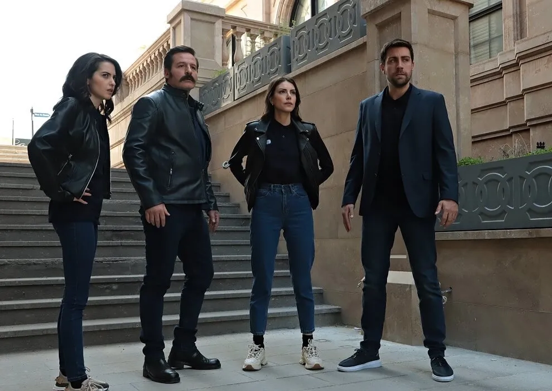 Nihat Altinkaya, Deniz Baysal, Caglar Ertugrul, and Ezgi Senler in The Shadow Team (2021)