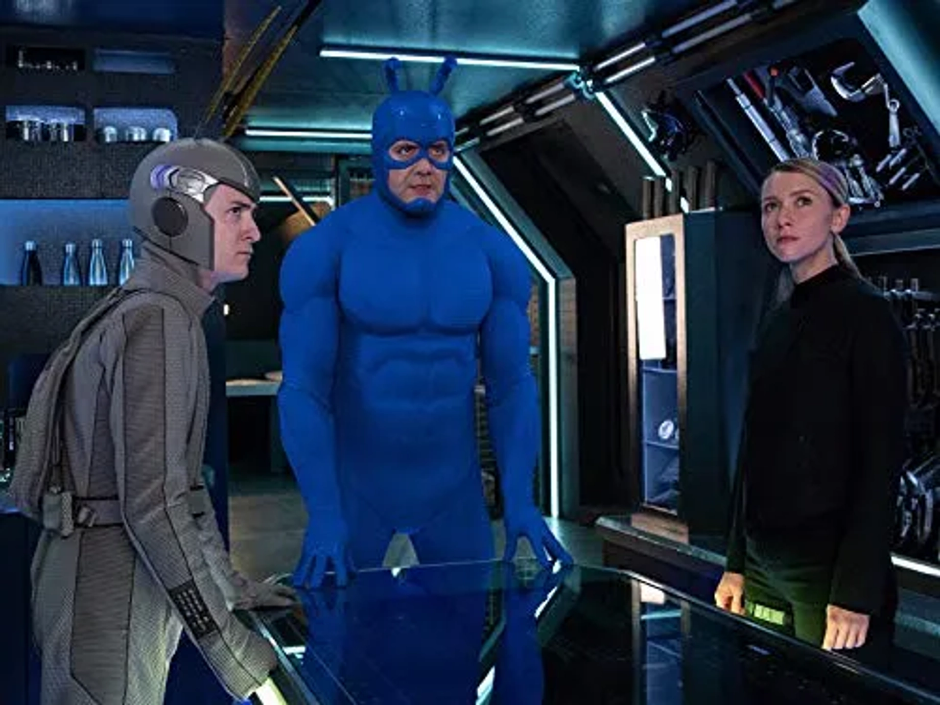 Peter Serafinowicz, Griffin Newman, and Valorie Curry in The Tick (2016)