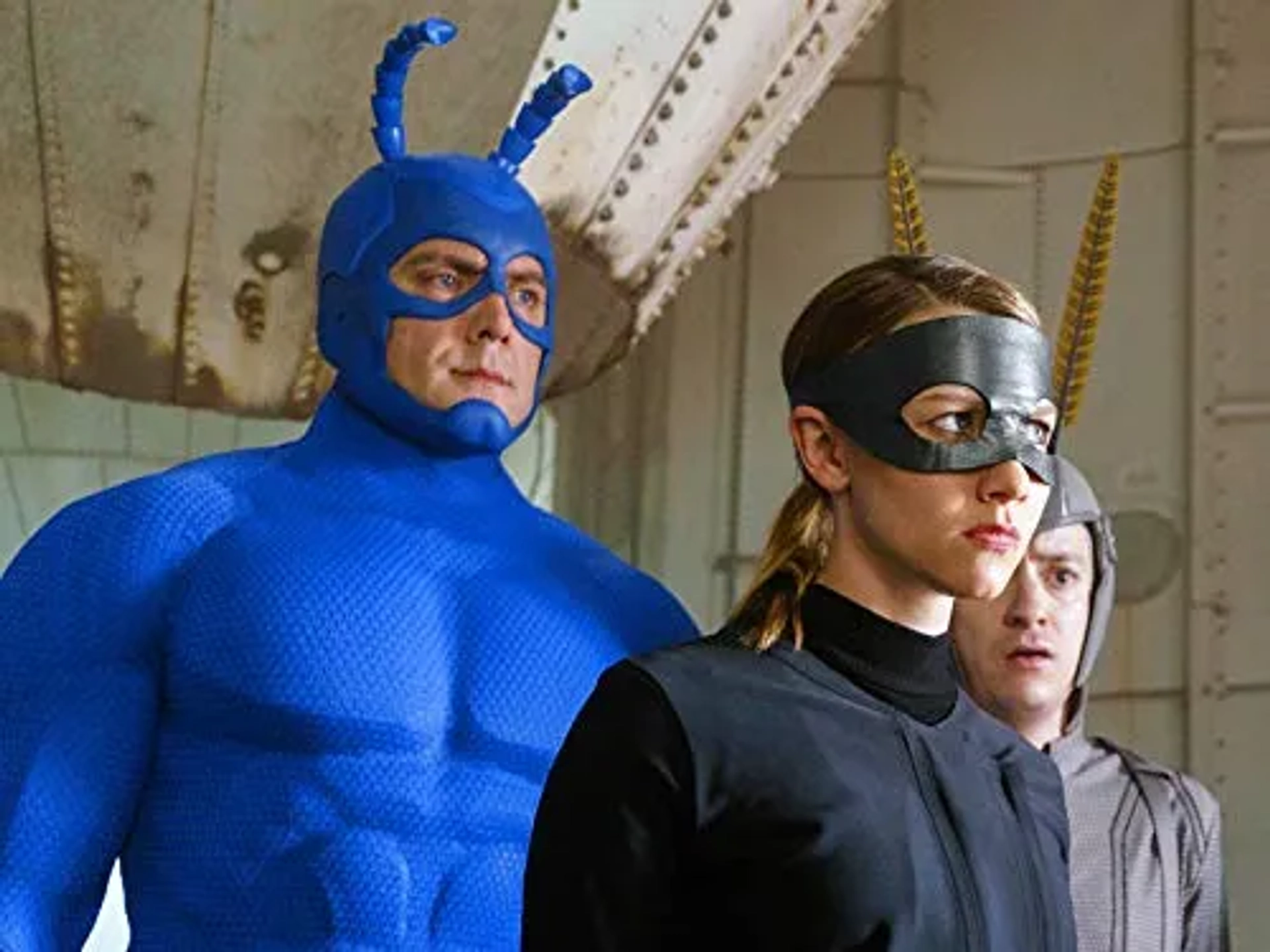 Peter Serafinowicz, Griffin Newman, and Valorie Curry in The Tick (2016)