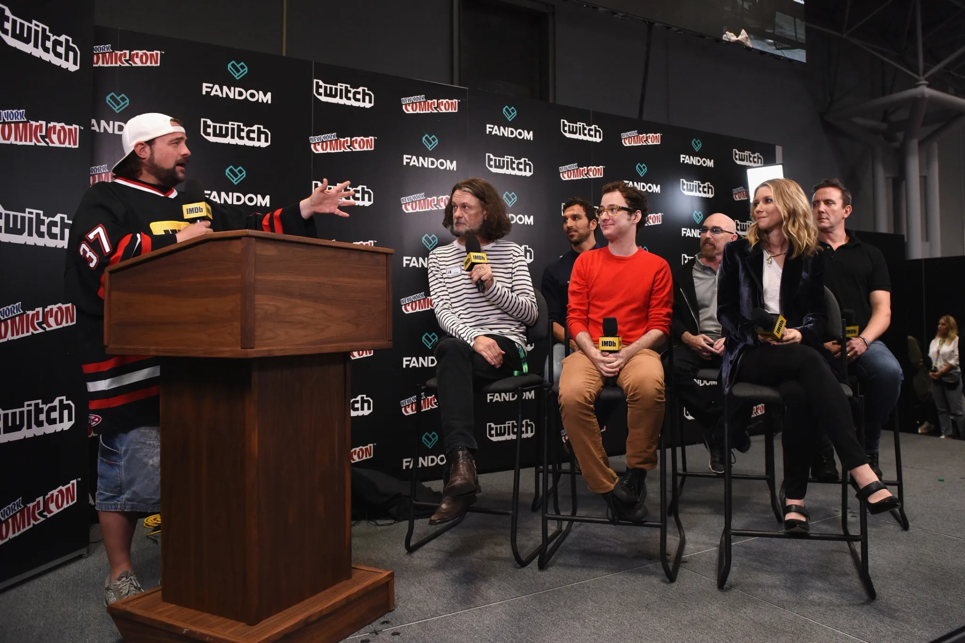 Kevin Smith, Ben Edlund, Jackie Earle Haley, Peter Serafinowicz, Scott Speiser, Griffin Newman, and Valorie Curry at an event for The Tick (2016)