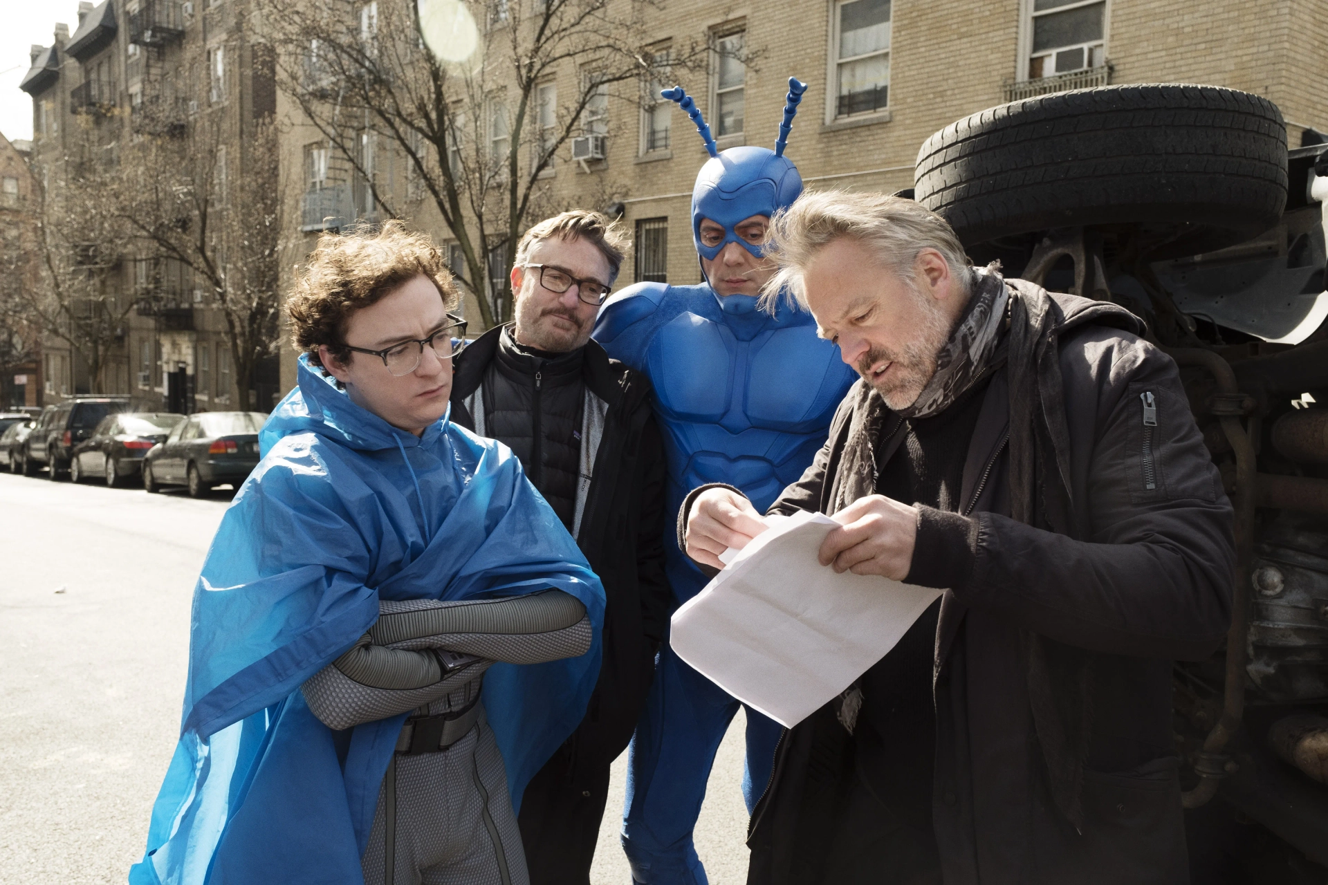 Wally Pfister, Barry Josephson, Peter Serafinowicz, and Griffin Newman in The Tick (2016)