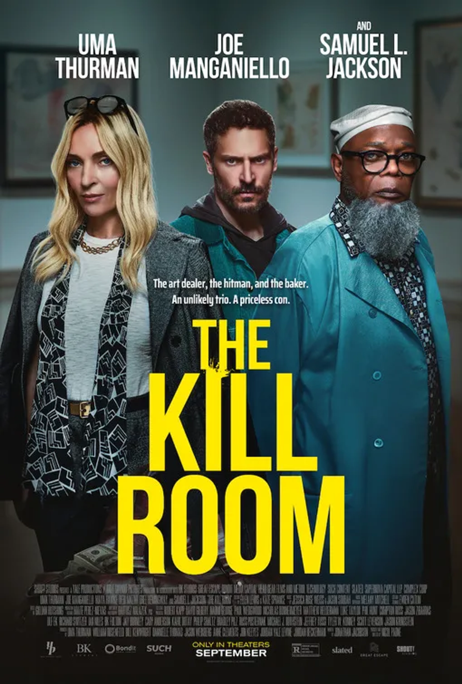 Samuel L. Jackson, Uma Thurman, and Joe Manganiello in The Kill Room (2023)