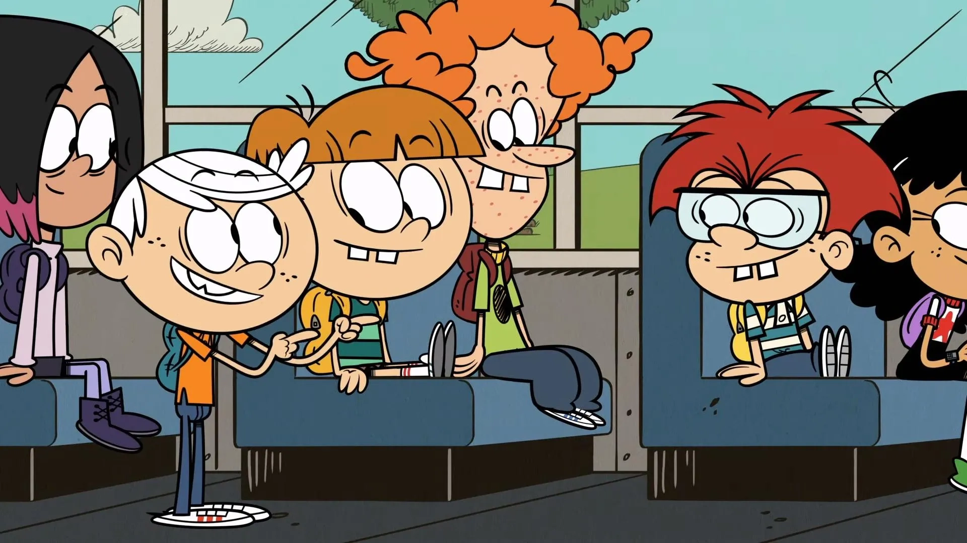 Jessica DiCicco, Lara Jill Miller, Jill Talley, Asher Bishop, Haley Tju, and Owen Rivera-Babbey in The Loud House: No Bus No Fuss/Resident Upheaval (2021)