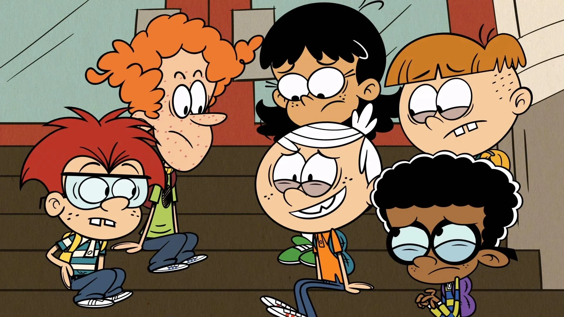 Jessica DiCicco, Lara Jill Miller, Asher Bishop, Haley Tju, Andre Robinson, and Owen Rivera-Babbey in The Loud House: No Bus No Fuss/Resident Upheaval (2021)