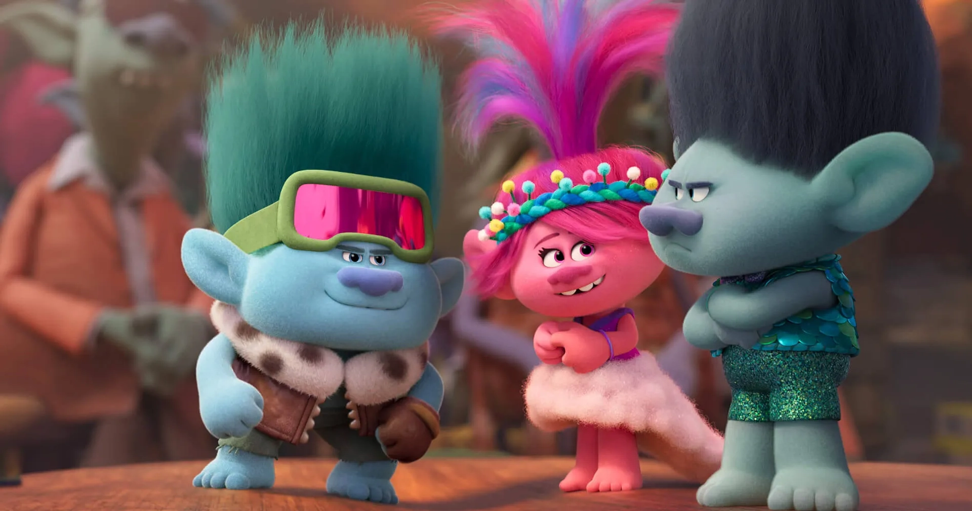 Justin Timberlake, Anna Kendrick, and Eric André in Trolls Band Together (2023)