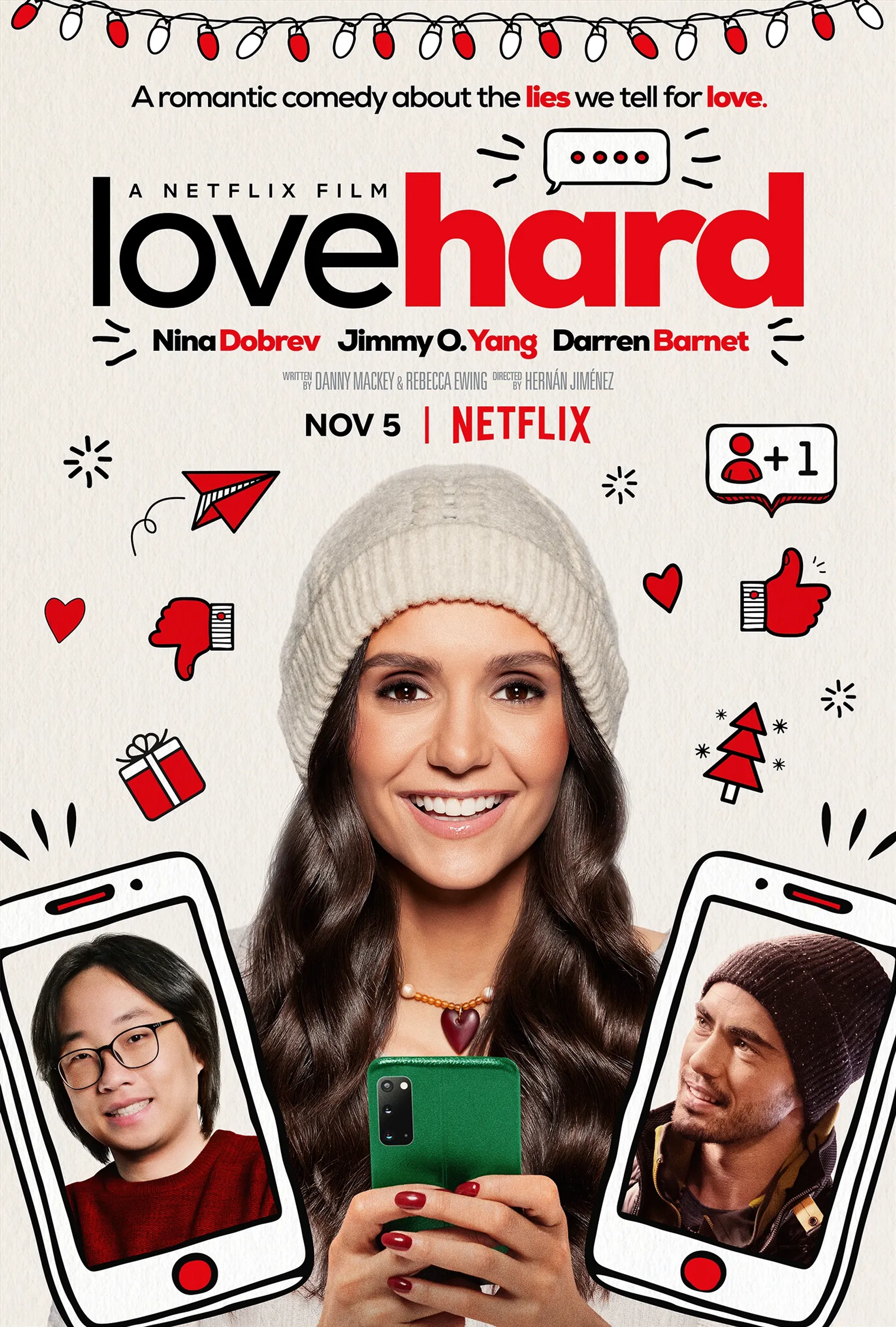 Nina Dobrev, Jimmy O. Yang, and Darren Barnet in Love Hard (2021)