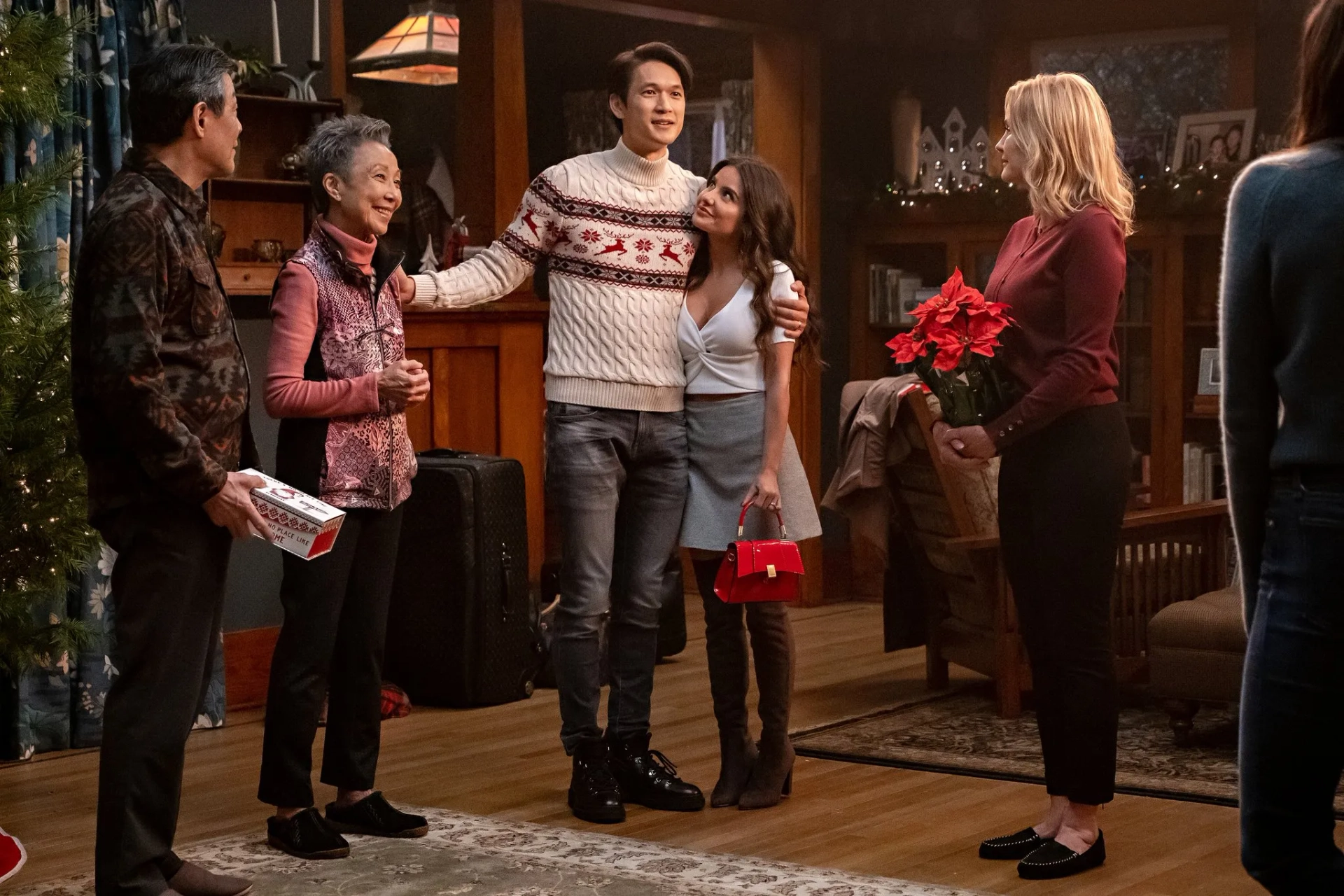 James Saito, Rebecca Staab, Harry Shum Jr., Nina Dobrev, Mikaela Hoover, and Althea Kaye in Love Hard (2021)