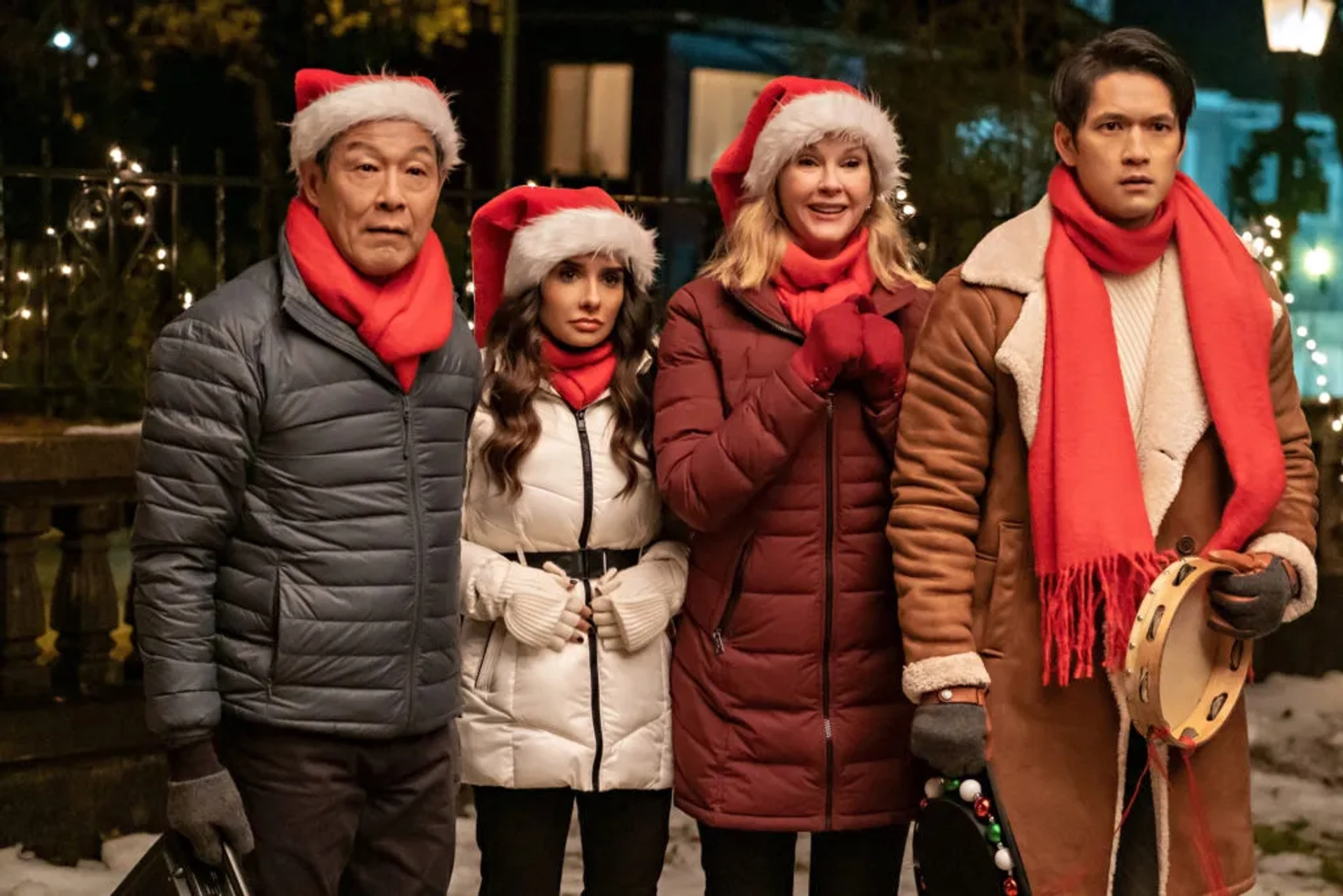 James Saito, Rebecca Staab, Harry Shum Jr., and Mikaela Hoover in Love Hard (2021)