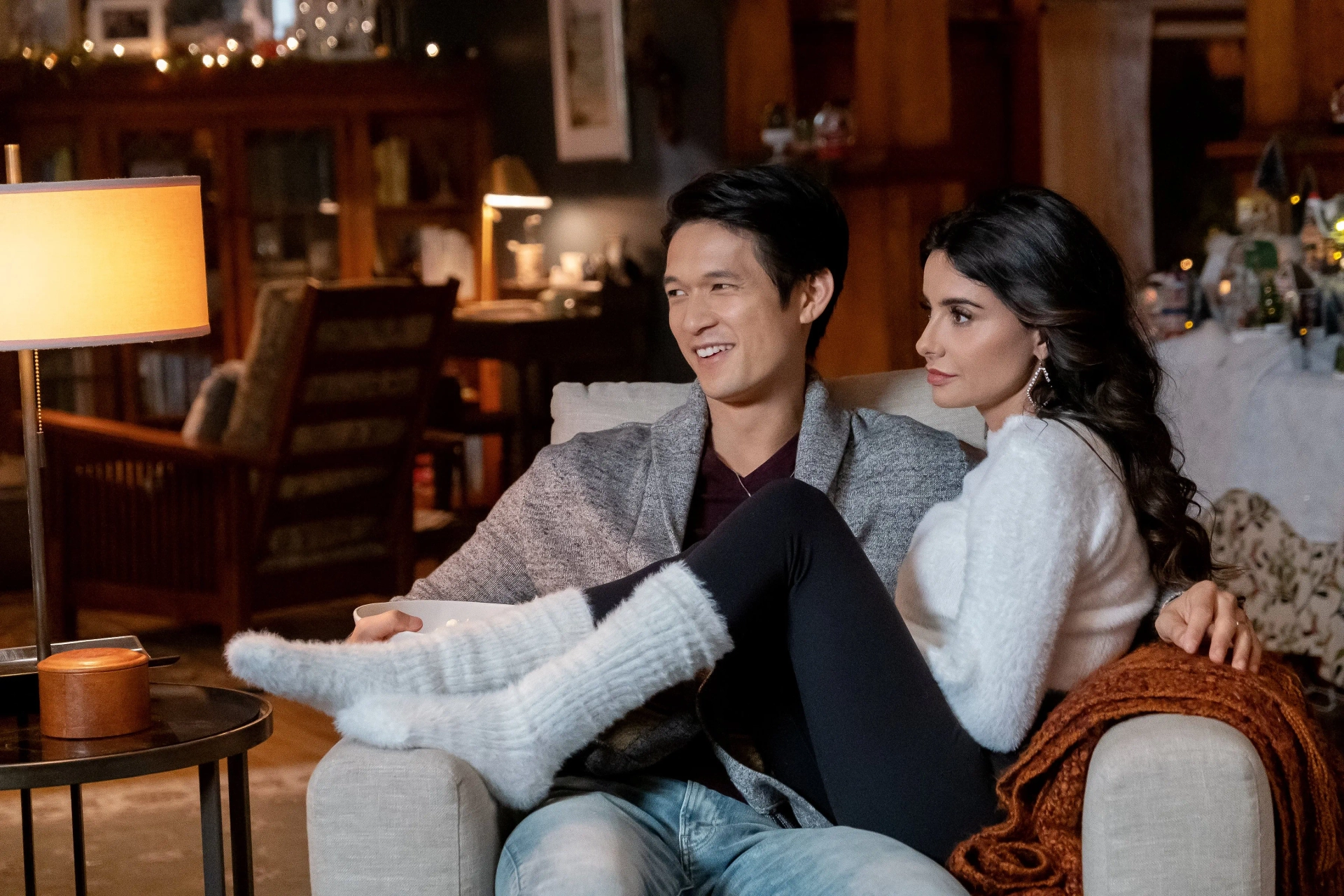 Harry Shum Jr. and Mikaela Hoover in Love Hard (2021)