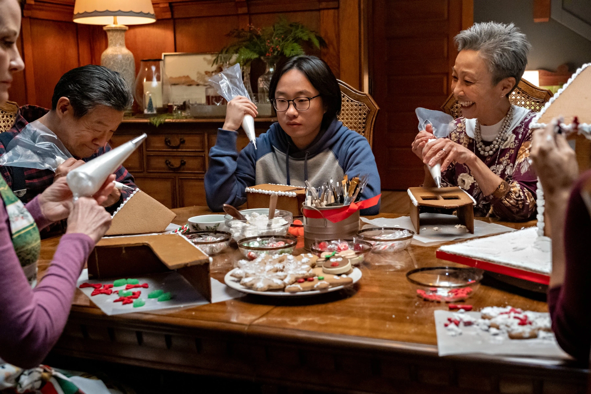 James Saito, Rebecca Staab, Jimmy O. Yang, and Althea Kaye in Love Hard (2021)