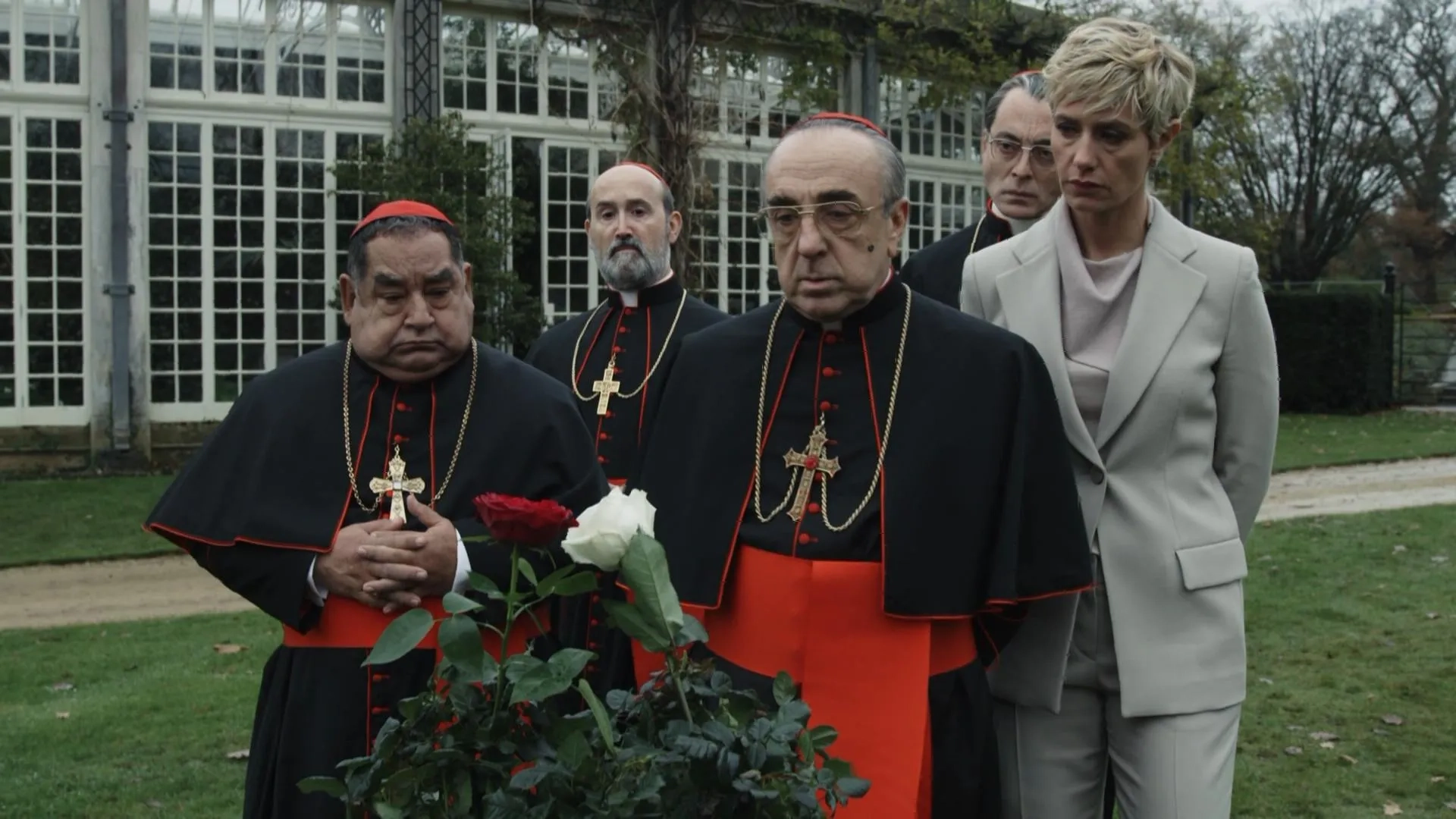 Javier Cámara, Cécile de France, Ramón García, Silvio Orlando, and Maurizio Lombardi in The New Pope (2020)