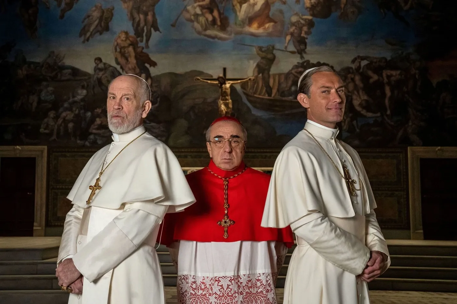 Jude Law, John Malkovich, and Silvio Orlando in The New Pope (2020)