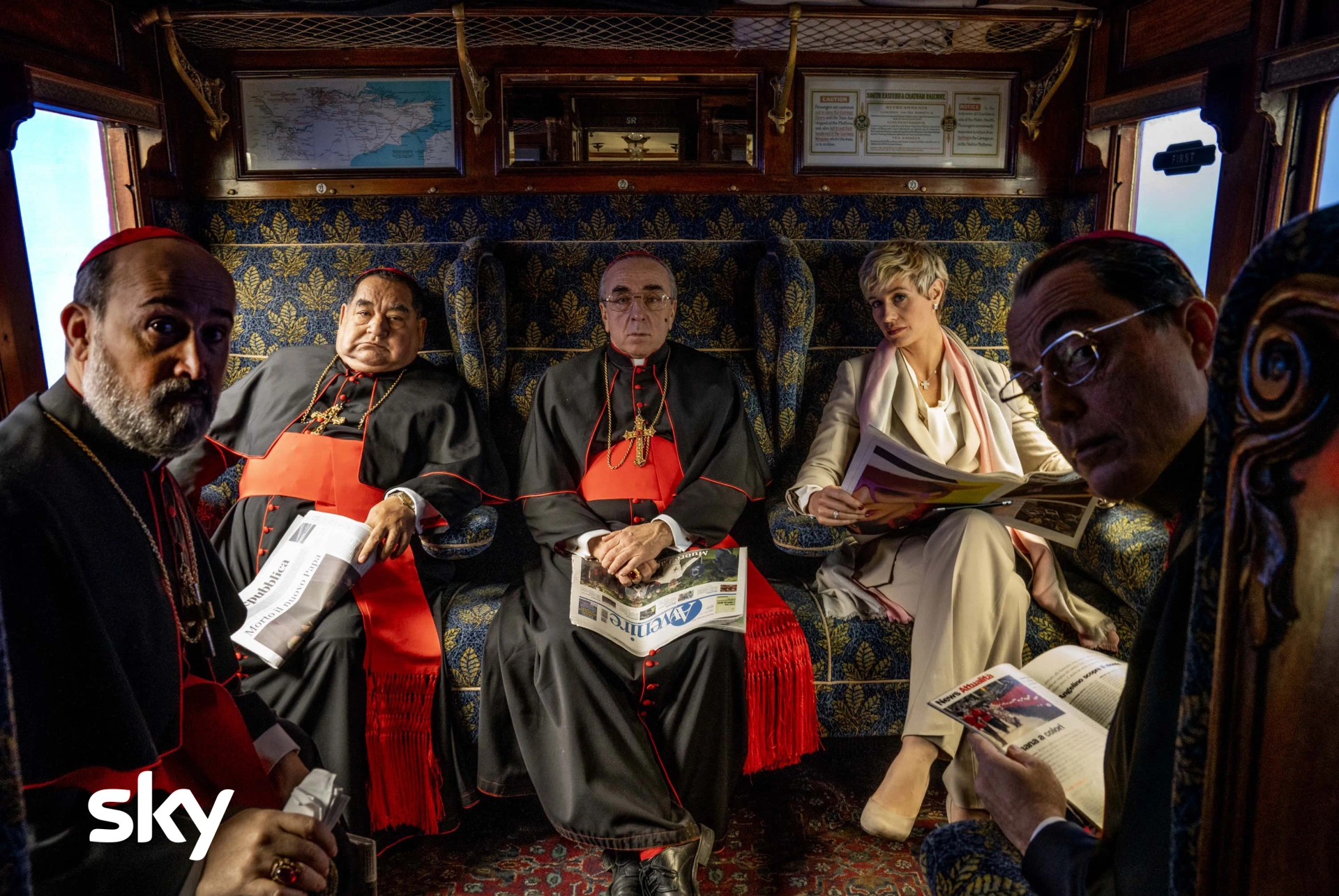 Javier Cámara, Cécile de France, Ramón García, Silvio Orlando, and Maurizio Lombardi in The New Pope (2020)