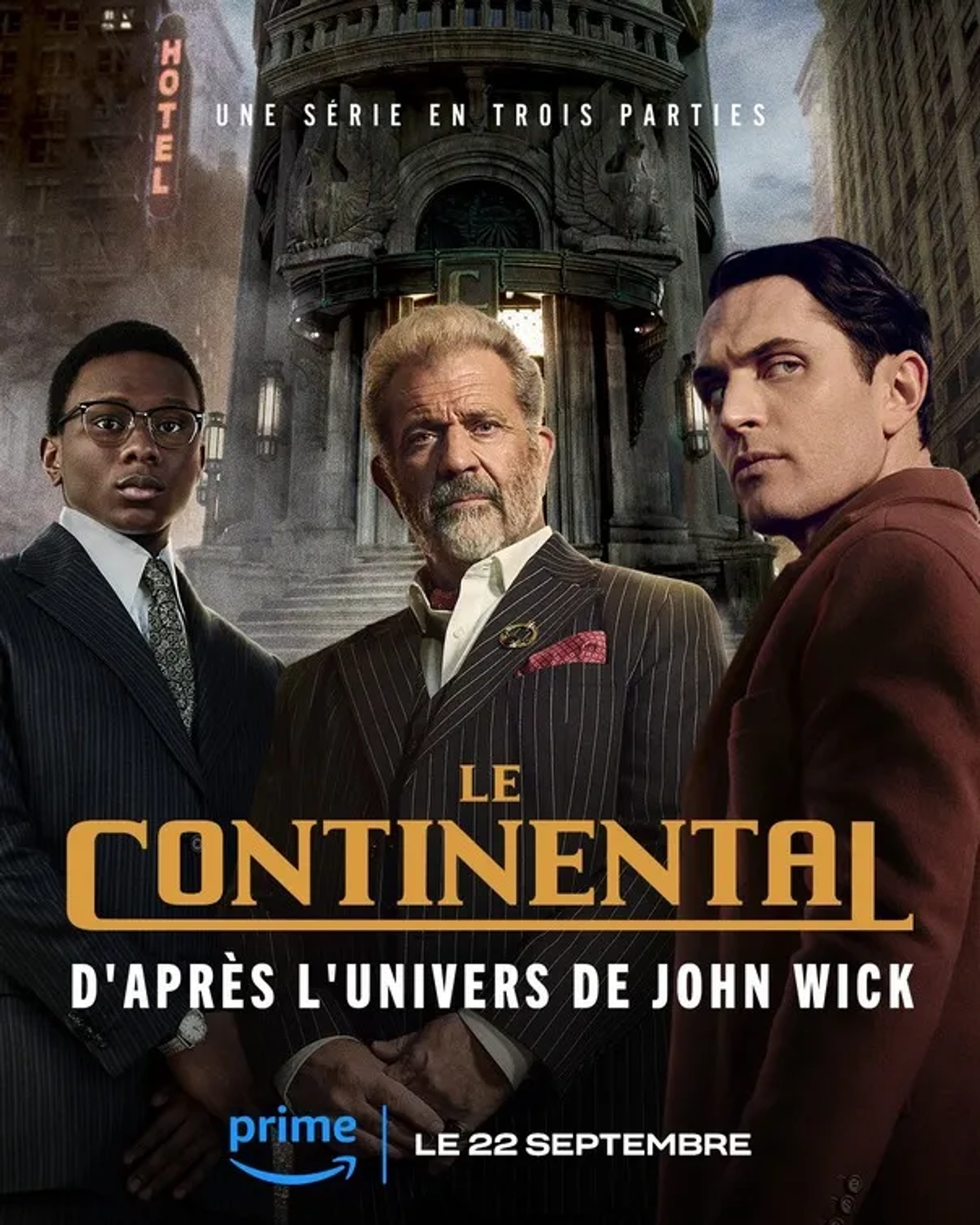 Mel Gibson, Colin Woodell, and Ayomide Adegun in The Continental: From the World of John Wick (2023)