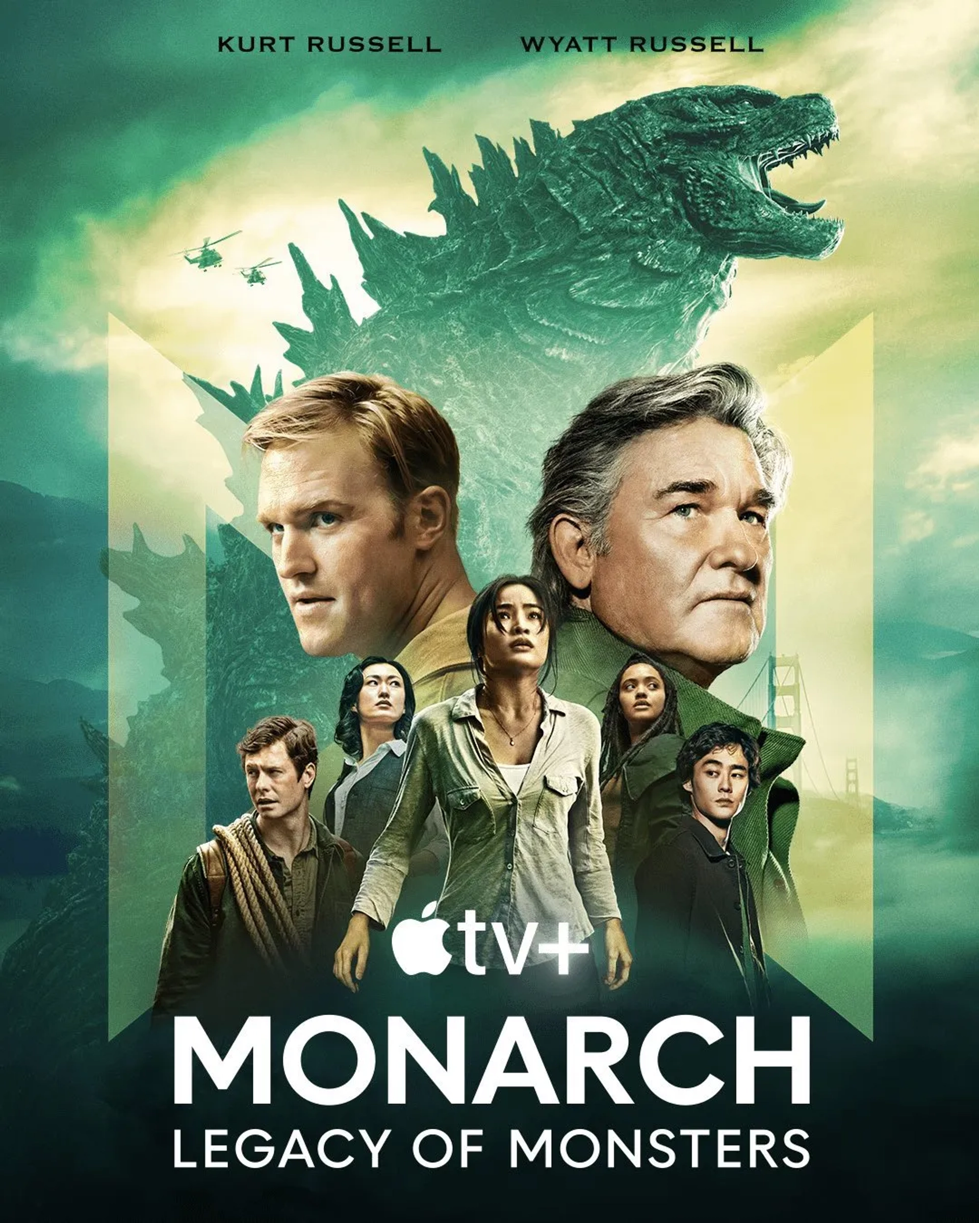 Kurt Russell, Wyatt Russell, Ren Watabe, Anders Holm, Anna Sawai, Kiersey Clemons, and Mari Yamamoto in Monarch: Legacy of Monsters (2023)