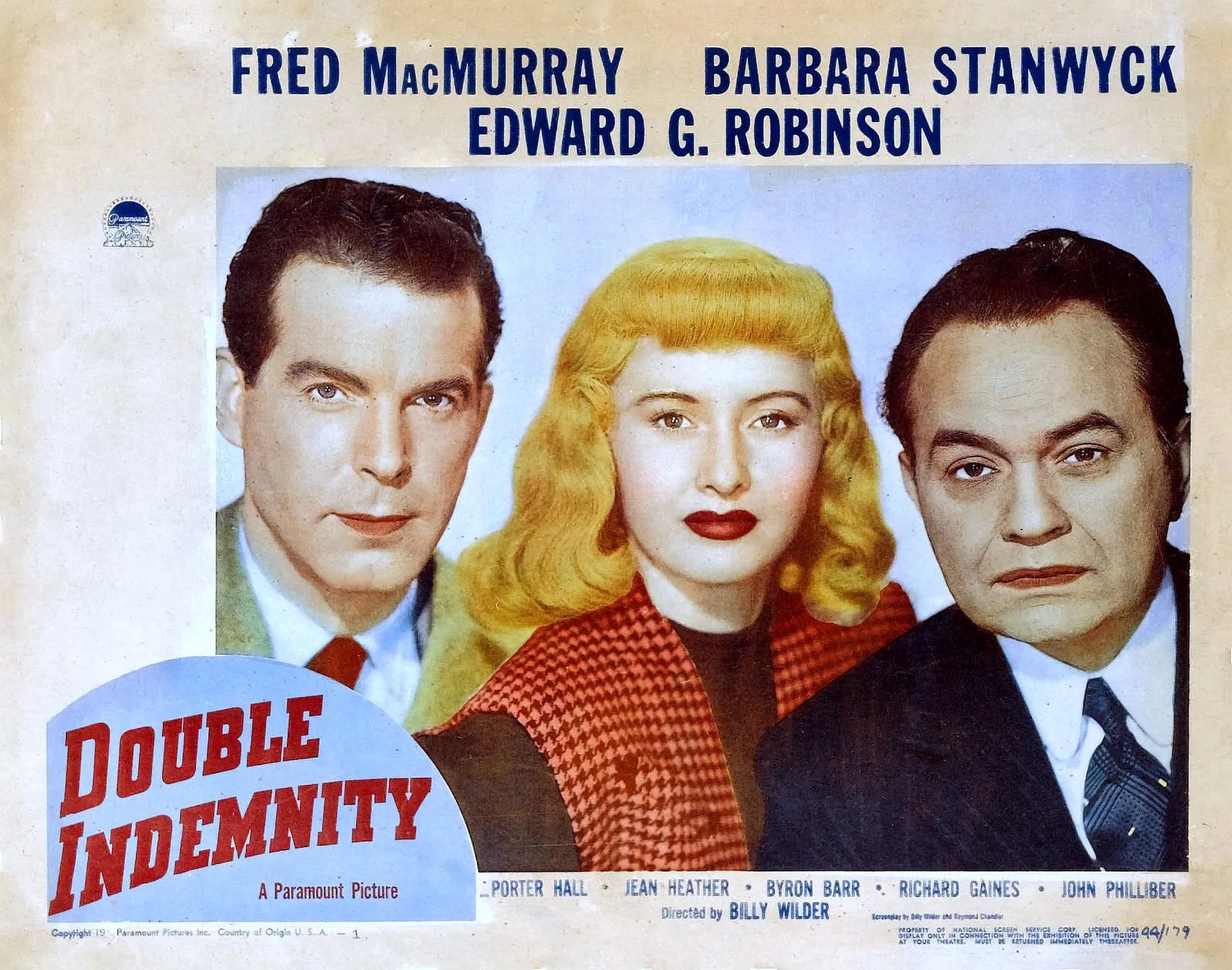 Edward G. Robinson, Barbara Stanwyck, and Fred MacMurray in Double Indemnity (1944)