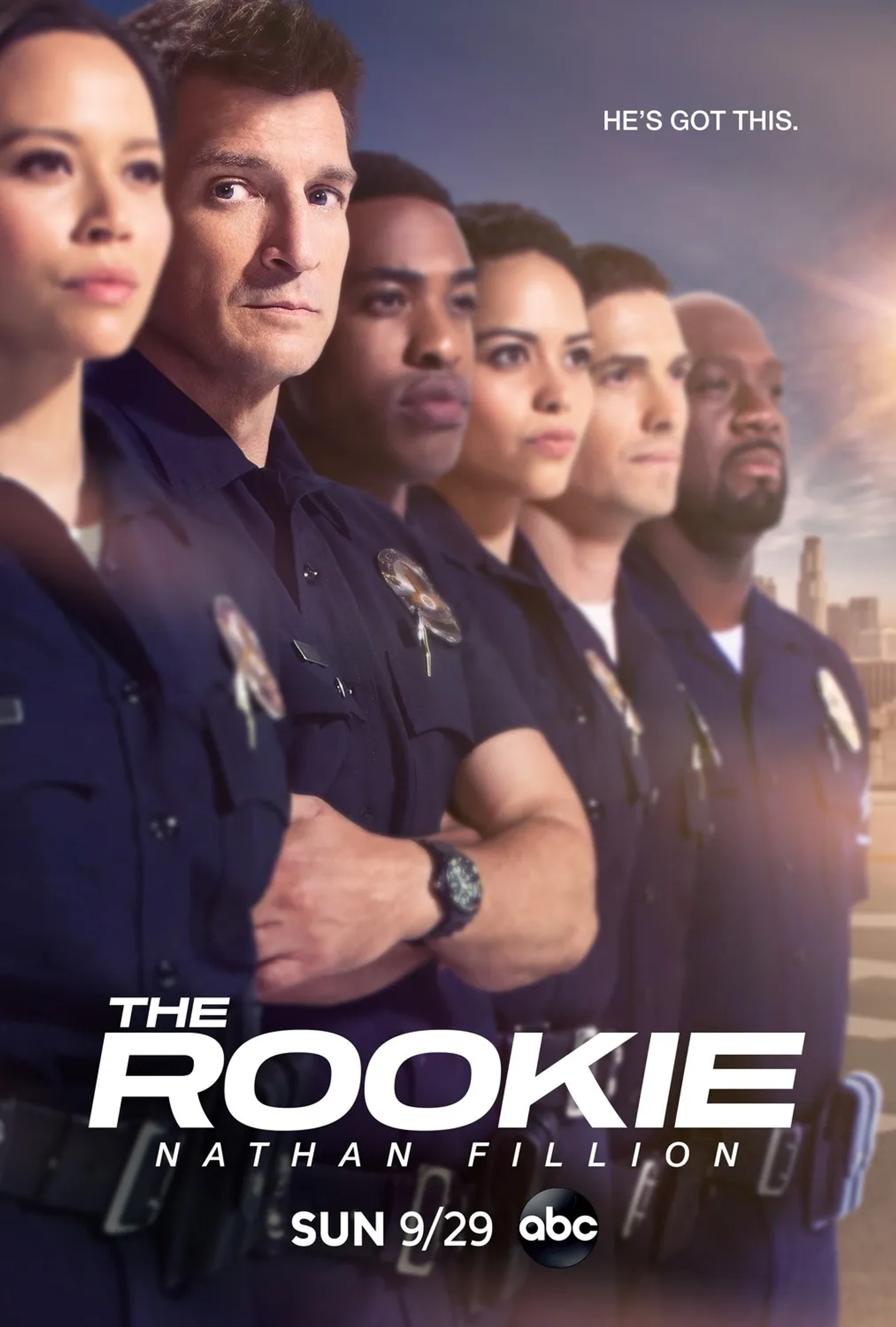 Nathan Fillion, Richard T. Jones, Eric Winter, Alyssa Diaz, Melissa O'Neil, and Titus Makin Jr. in The Rookie (2018)