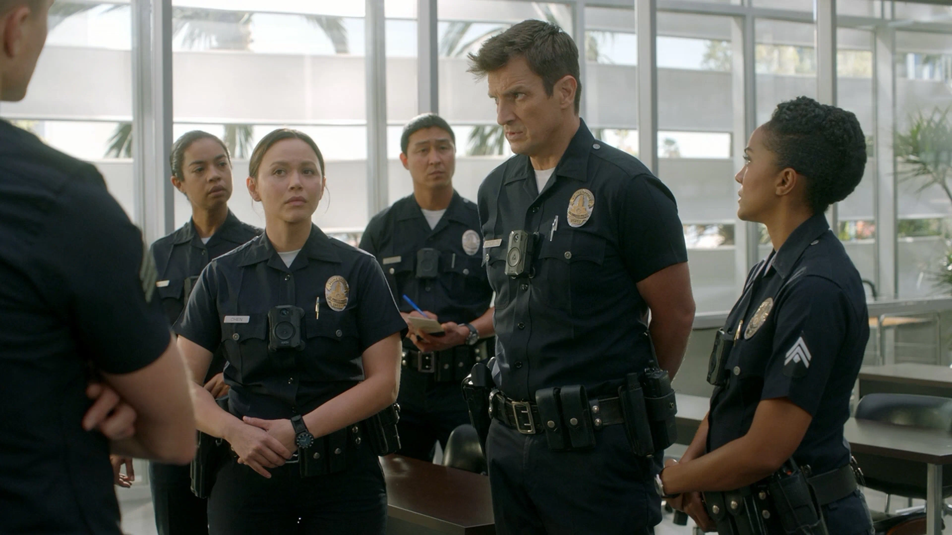 Nathan Fillion, Melissa O'Neil, and Mekia Cox in The Rookie: Heart Beat (2022)