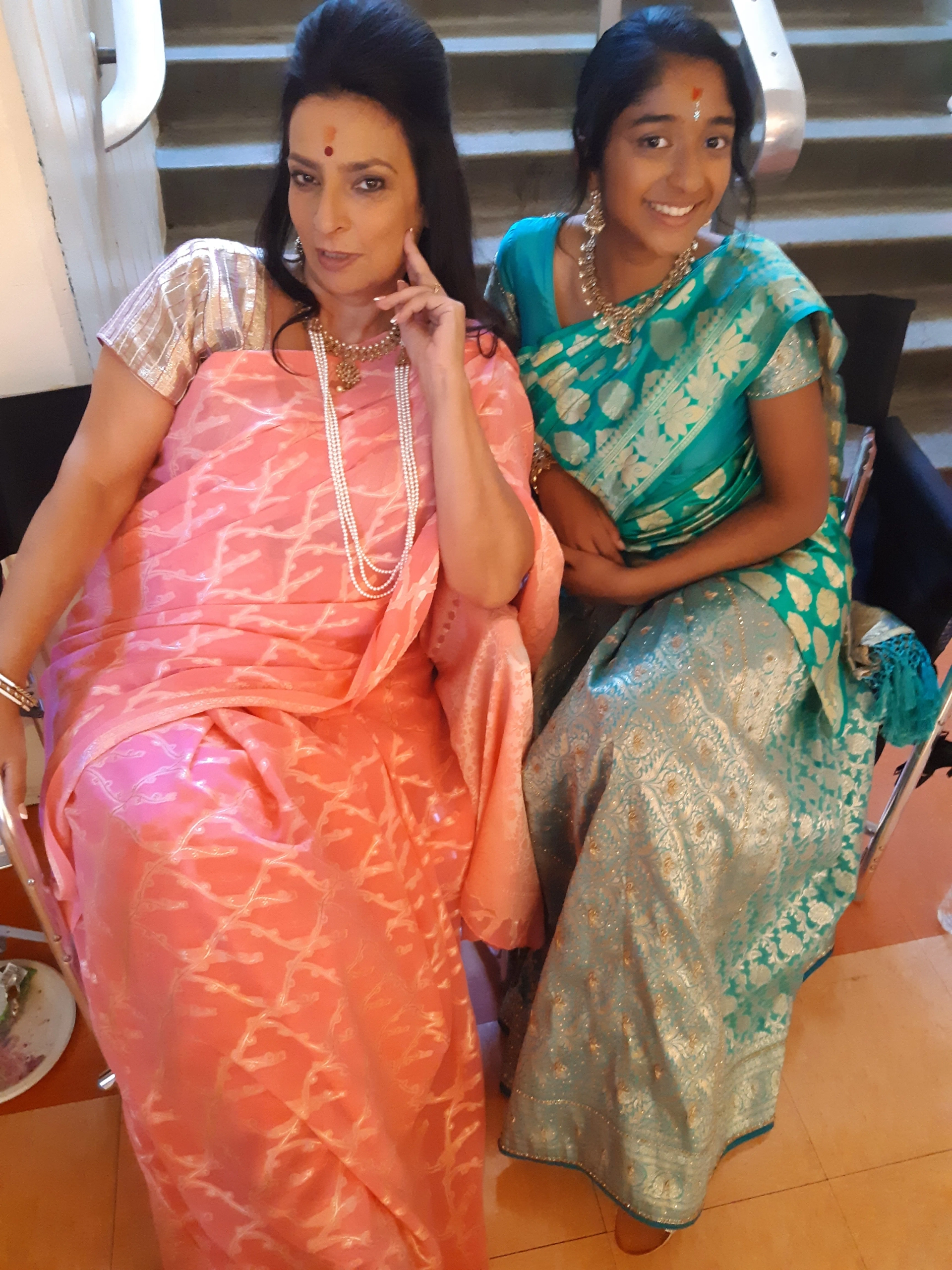 Alice Amter and Maitreyi Ramakrishnan on the set, Episode 4 of Netflix's Never Have I Ever", August 14th 2019, Los Angeles.