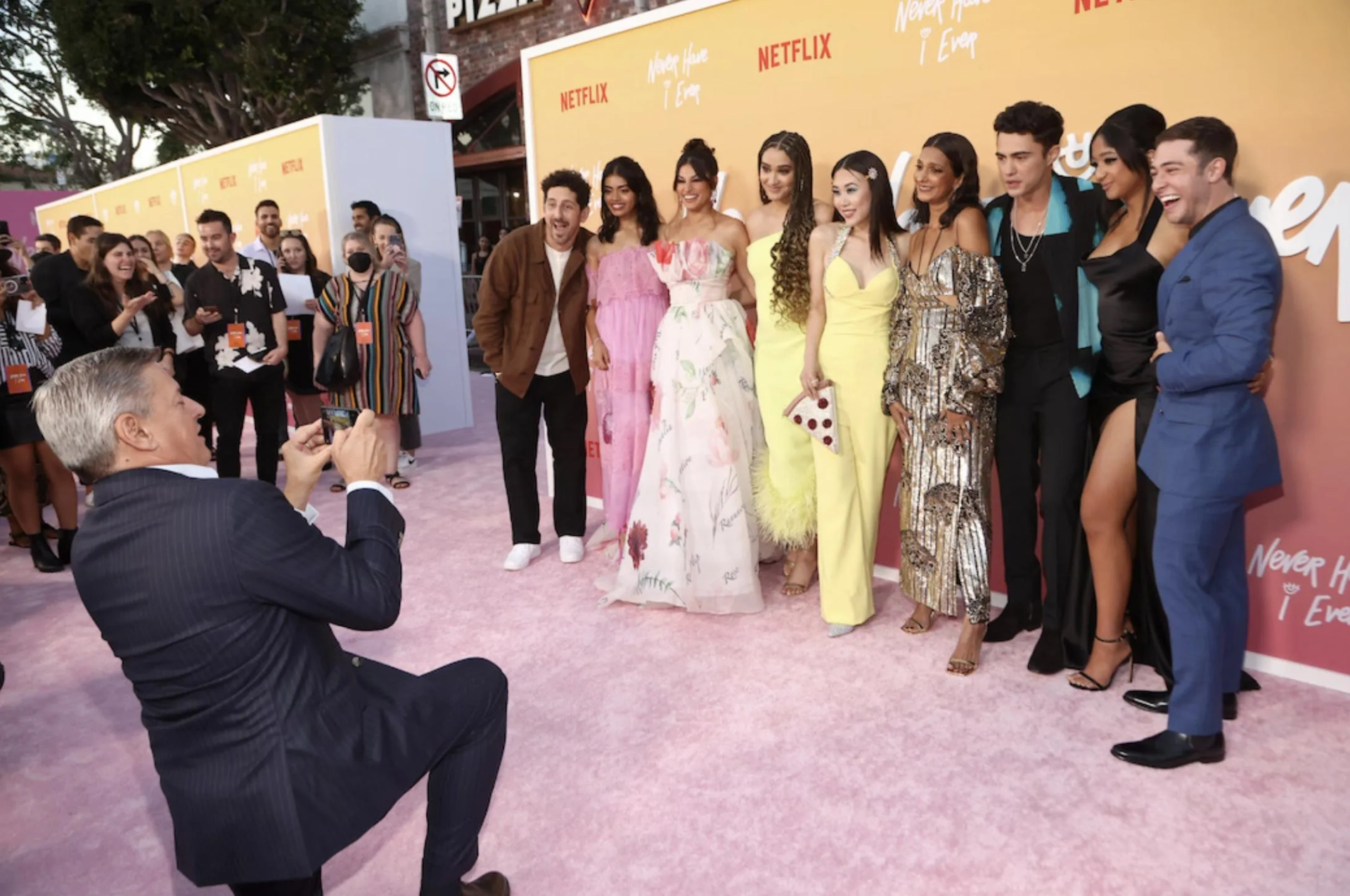 Maitreyi Ramakrishnan, Poorna Jagannathan, Ted Sarandos, Adam Shapiro, Jaren Lewison, Megan Suri, Richa Moorjani, Ramona Young, Darren Barnet, and Lee Rodriguez at an event for Never Have I Ever (2020)