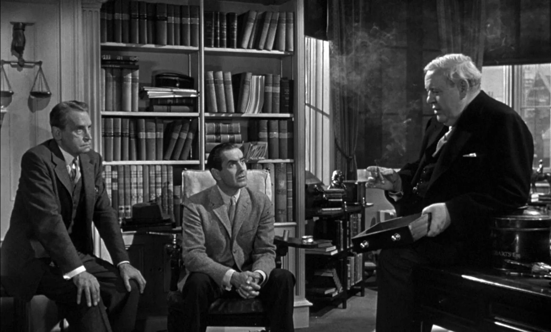 Tyrone Power, Charles Laughton, and Henry Daniell in Witness for the Prosecution (1957)