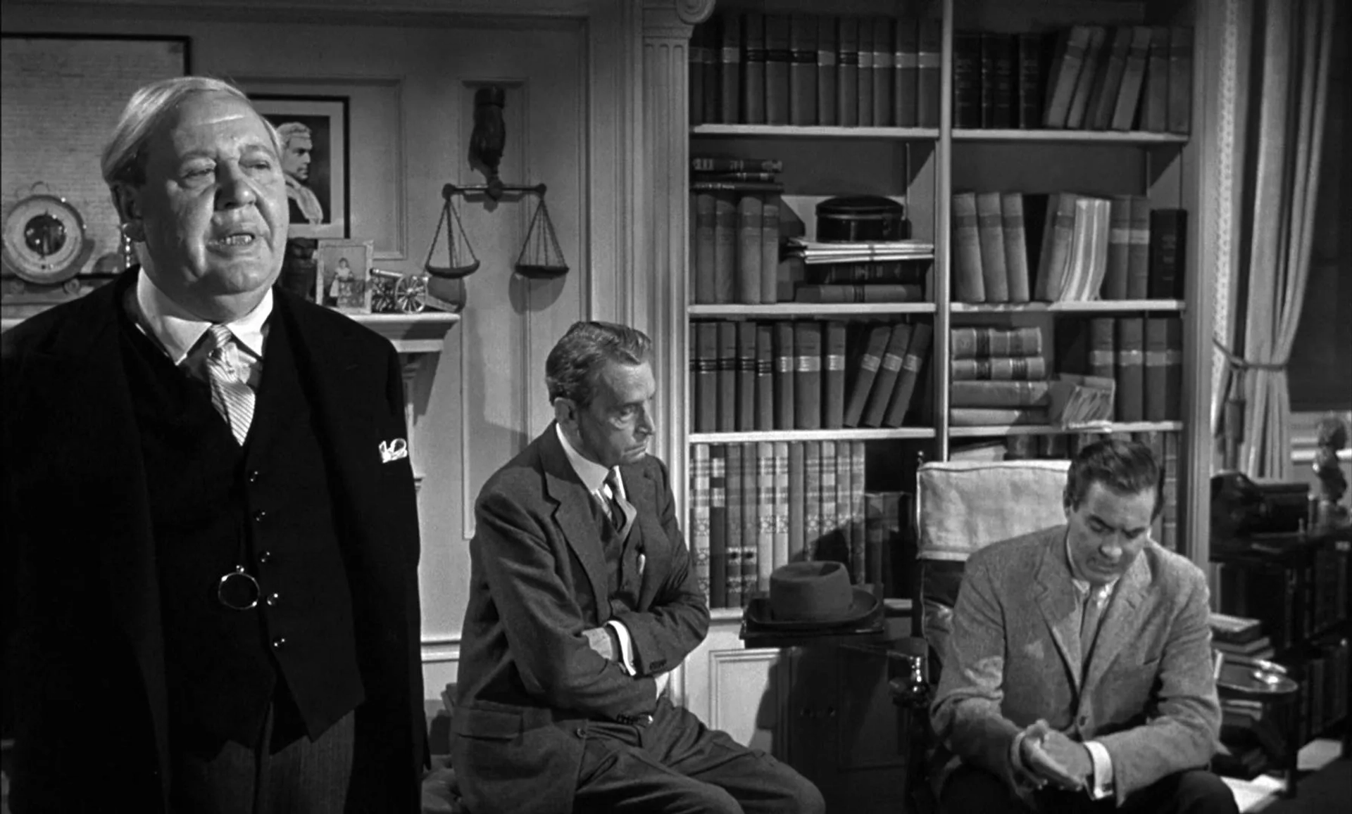 Tyrone Power, Charles Laughton, and Henry Daniell in Witness for the Prosecution (1957)