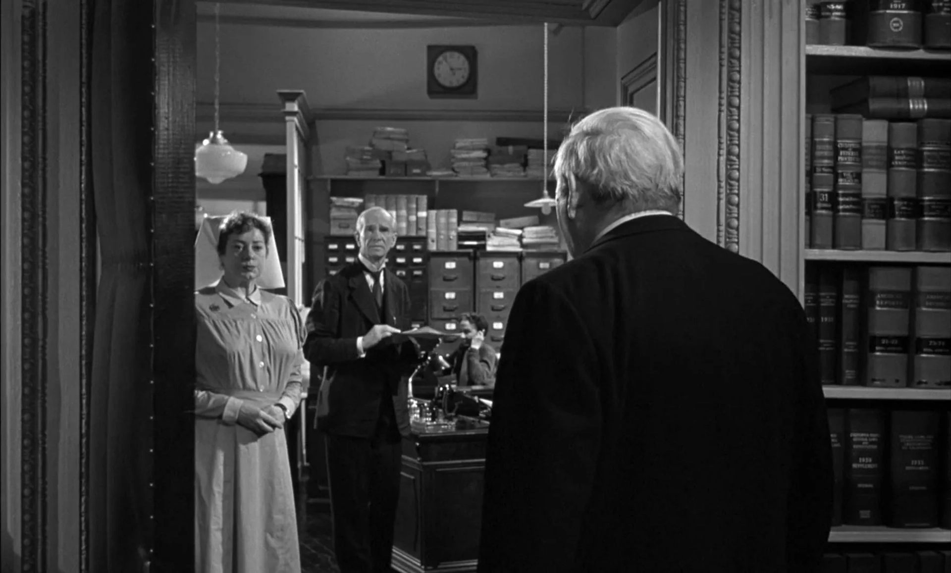 Charles Laughton, Elsa Lanchester, and Ian Wolfe in Witness for the Prosecution (1957)