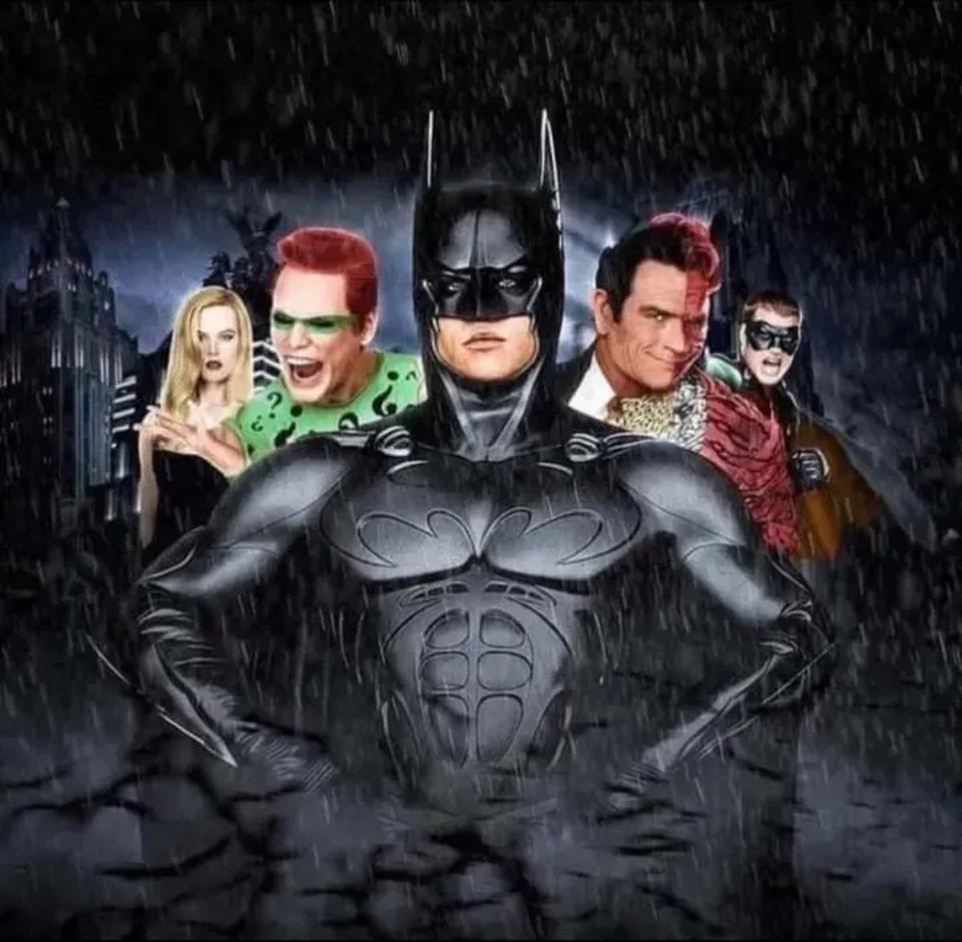 Jim Carrey, Tommy Lee Jones, Nicole Kidman, Val Kilmer, and Chris O'Donnell in Batman Forever (1995)