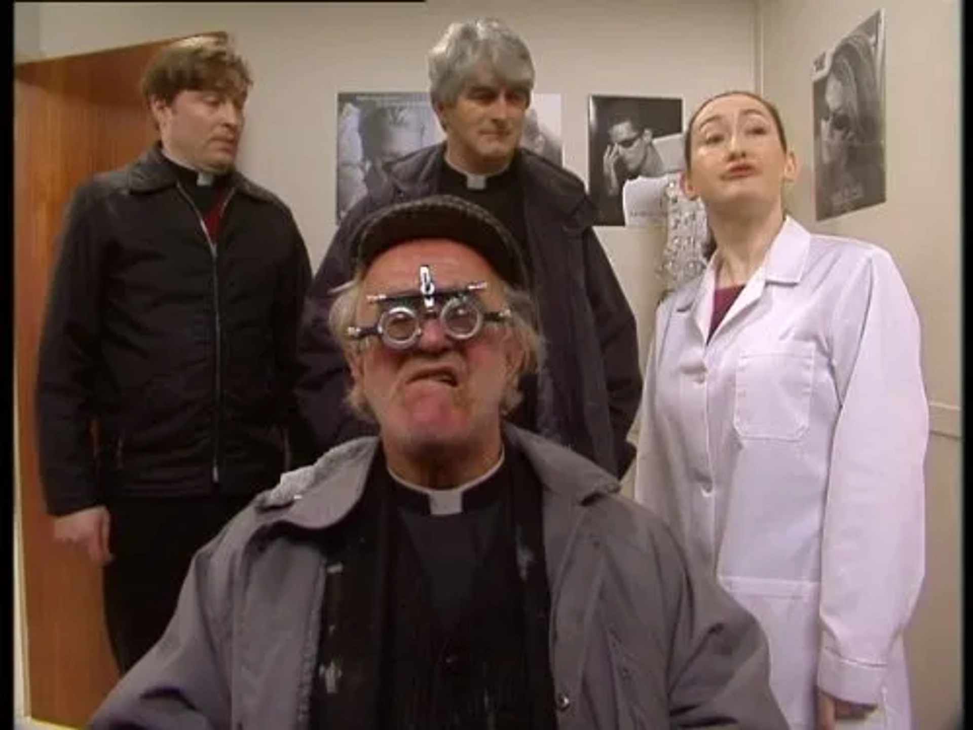 Frank Kelly, Dermot Morgan, Ardal O'Hanlon, and Mary Ann O'Donoghue in Father Ted (1995)