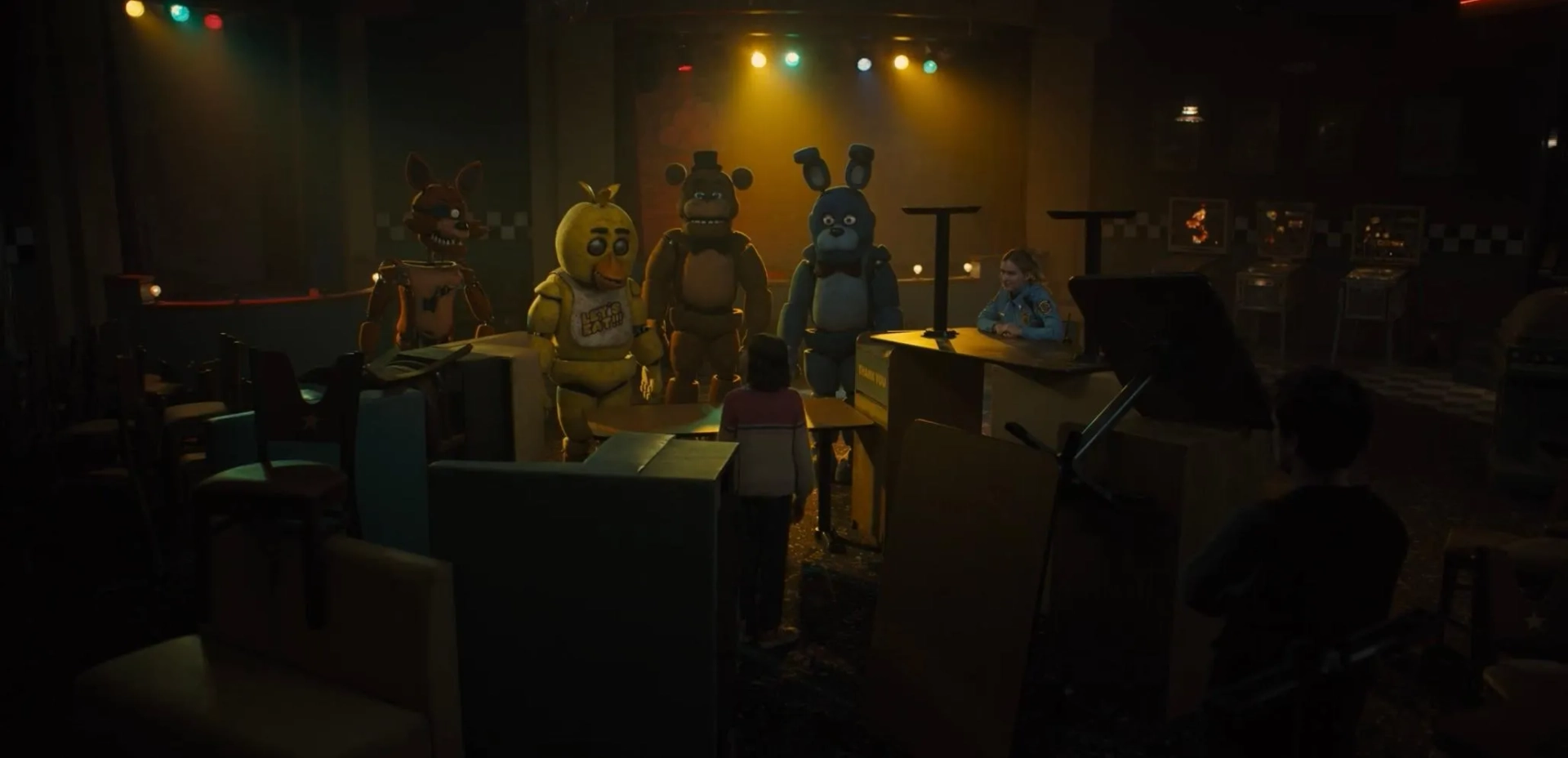 Piper Rubio, Kevin Foster, Jess Weiss, Artie Esposito, Josh Hutcherson, Amanda Maddock, Jade Kindar-Martin, Russ Walko, Sarah Sarang Oh, Elizabeth Lail, and Kellen Goff in Five Nights at Freddy's (2023)