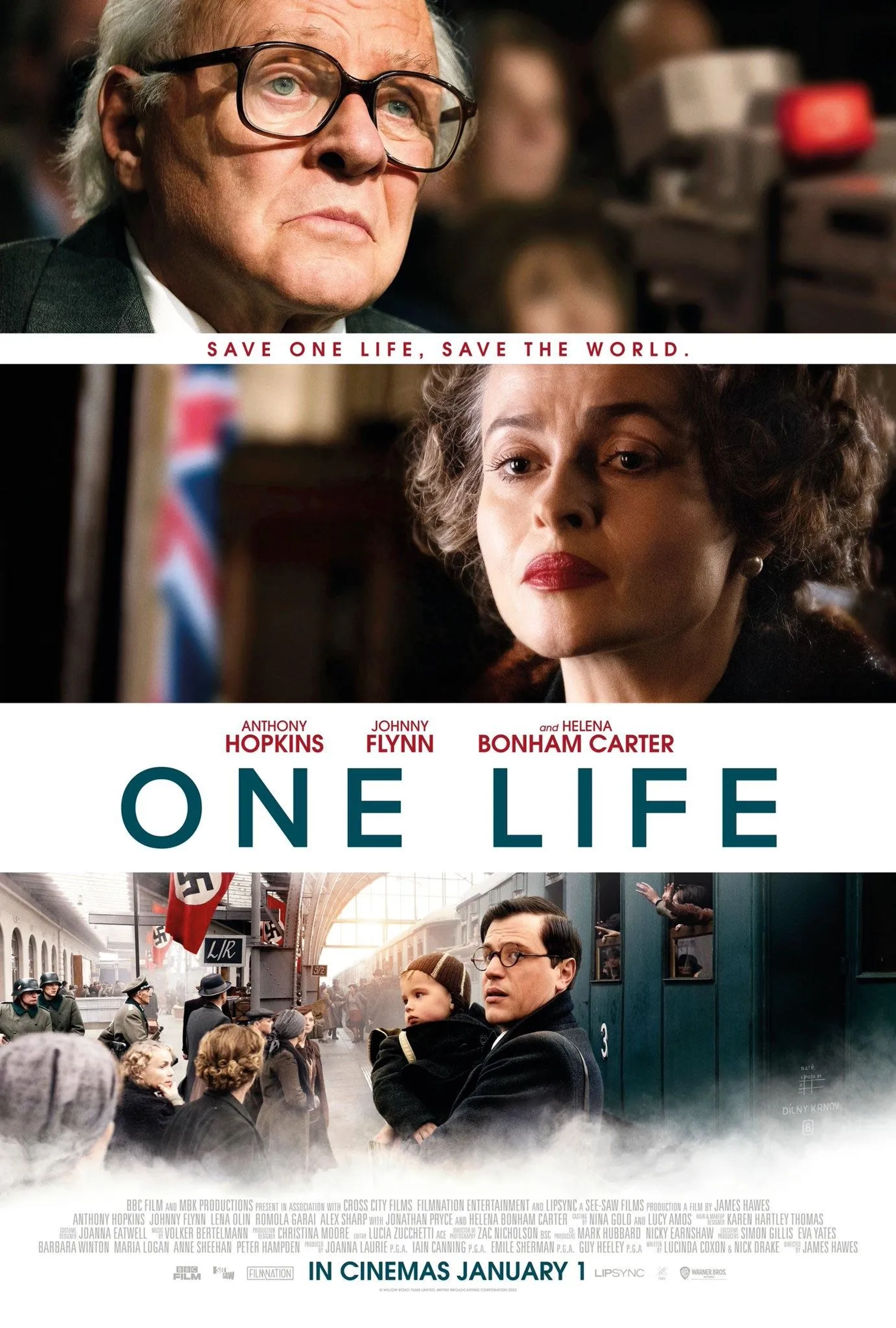 Anthony Hopkins, Helena Bonham Carter, and Johnny Flynn in One Life (2023)