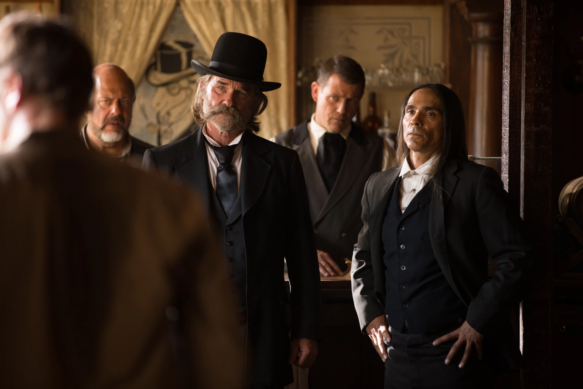 Kurt Russell, Michael Paré, Zahn McClarnon, and Fred Melamed in Bone Tomahawk (2015)