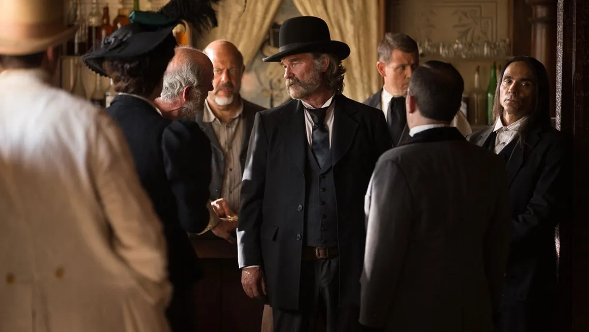 Kurt Russell, Sean Young, Michael Paré, Matthew Fox, Richard Jenkins, Zahn McClarnon, Fred Melamed, and Jamison Newlander in Bone Tomahawk (2015)