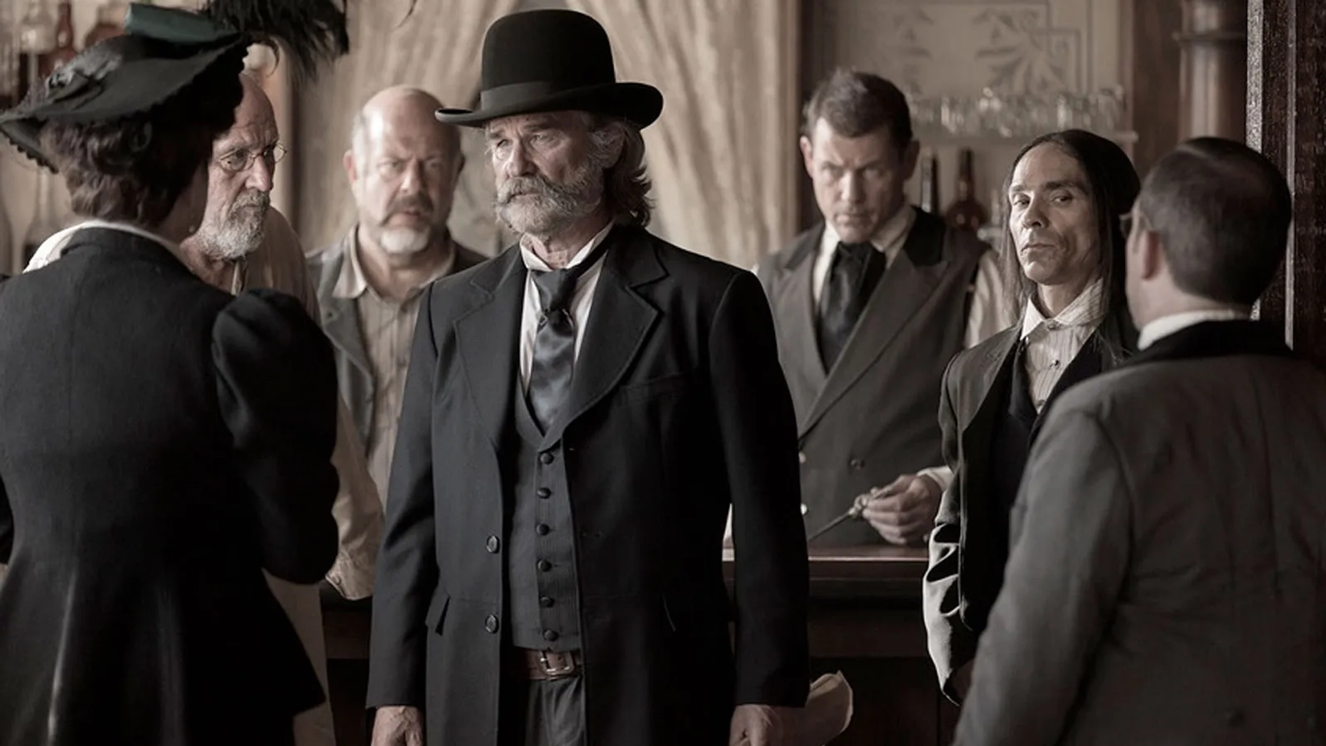 Kurt Russell, Sean Young, Michael Paré, Richard Jenkins, Zahn McClarnon, Fred Melamed, and Jamison Newlander in Bone Tomahawk (2015)