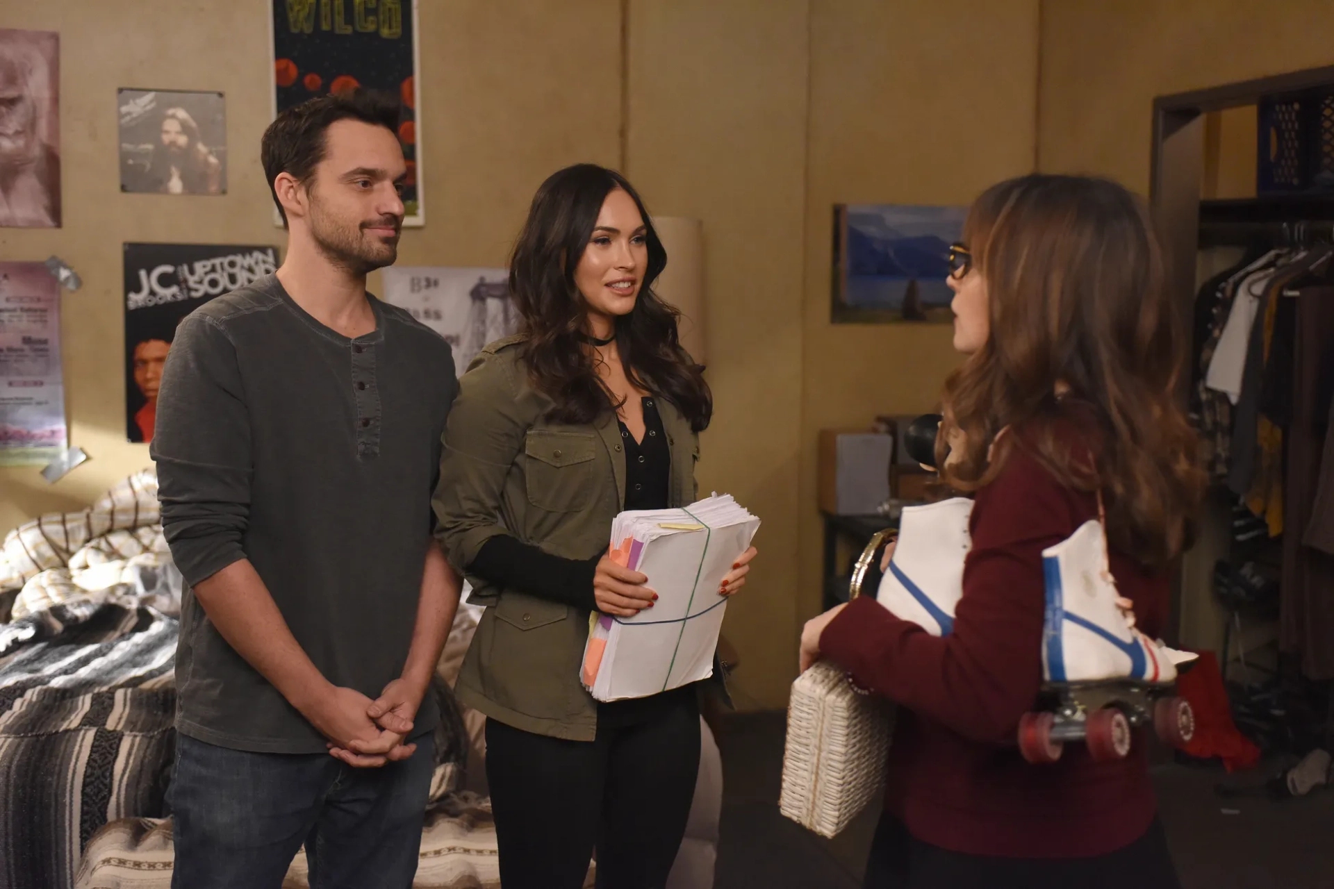 Zooey Deschanel, Megan Fox, and Jake Johnson in New Girl (2011)