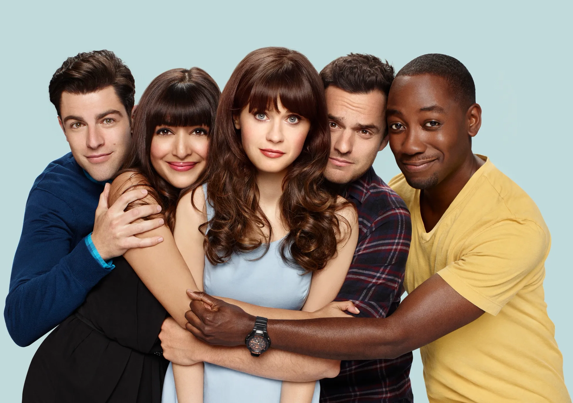 Zooey Deschanel, Max Greenfield, Hannah Simone, Lamorne Morris, and Jake Johnson in New Girl (2011)