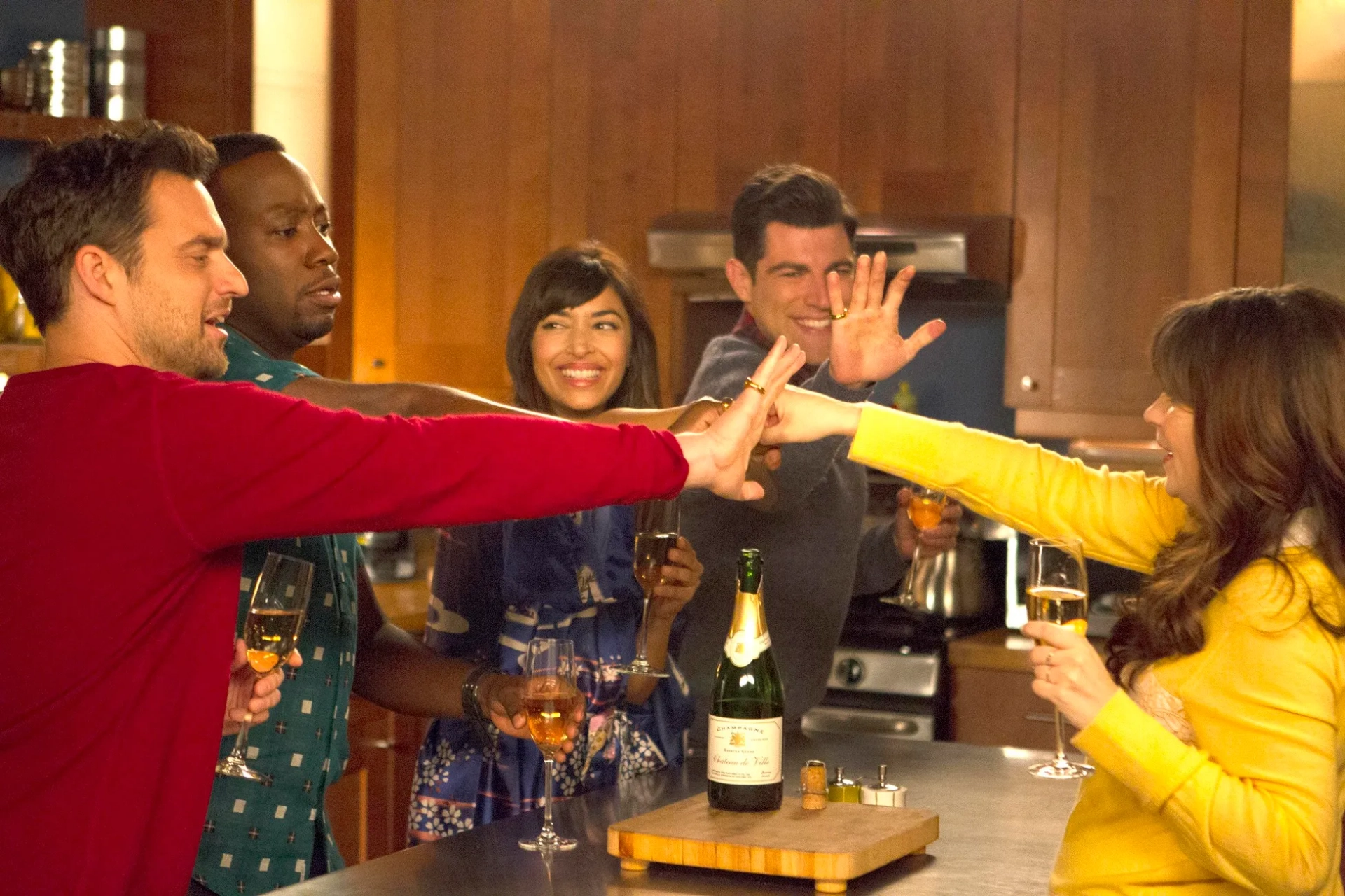 Zooey Deschanel, Max Greenfield, Hannah Simone, Lamorne Morris, and Jake Johnson in New Girl (2011)