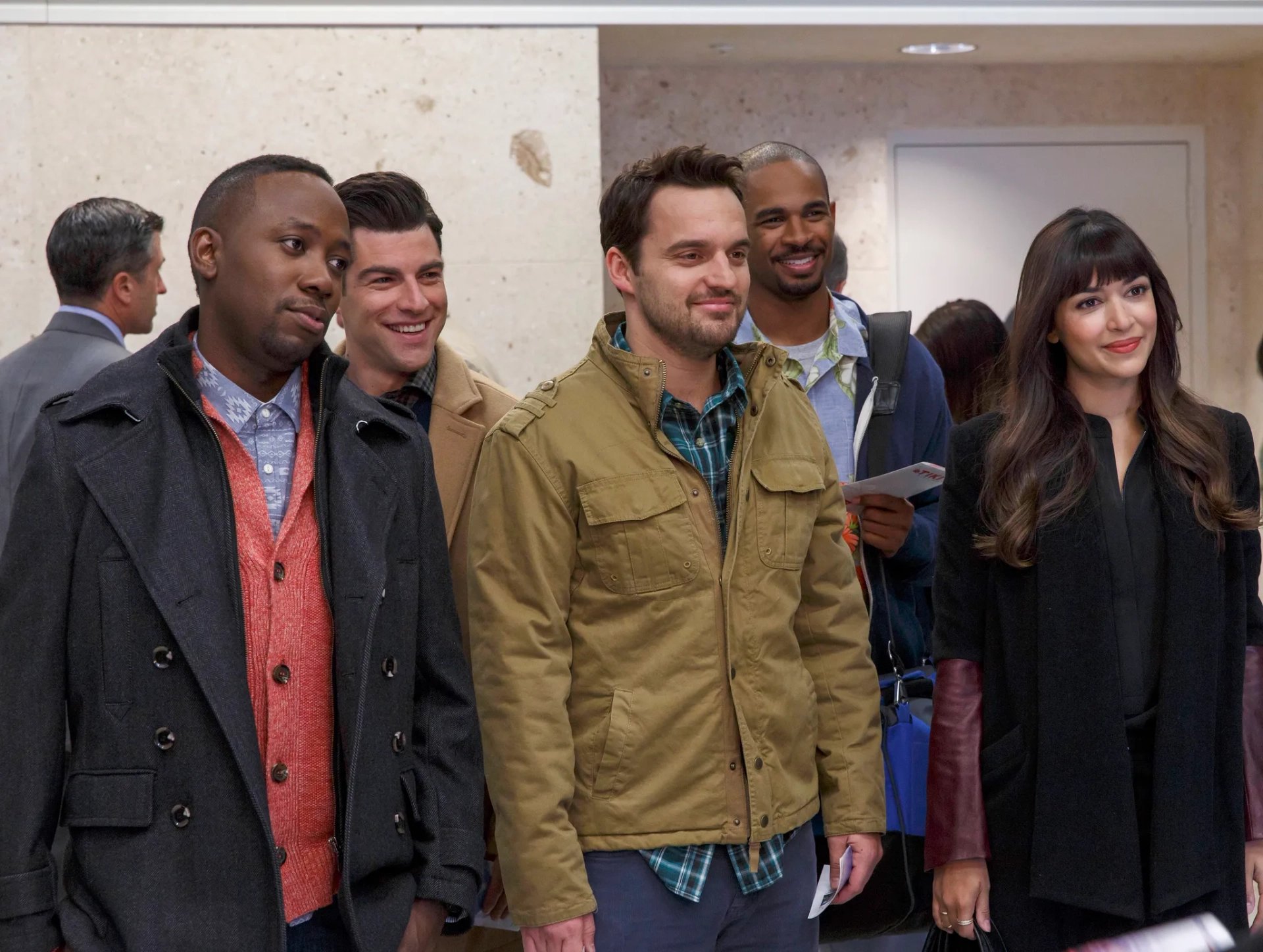 Max Greenfield, Damon Wayans Jr., Hannah Simone, Lamorne Morris, and Jake Johnson in New Girl (2011)