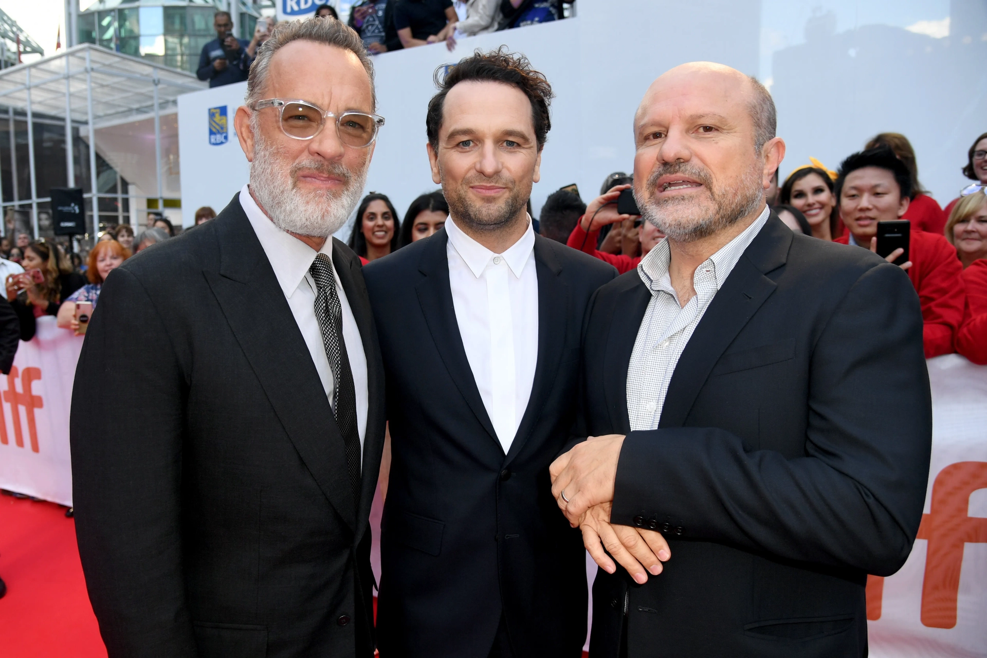 Tom Hanks, Enrico Colantoni, and Matthew Rhys at an event for A Beautiful Day in the Neighborhood (2019)