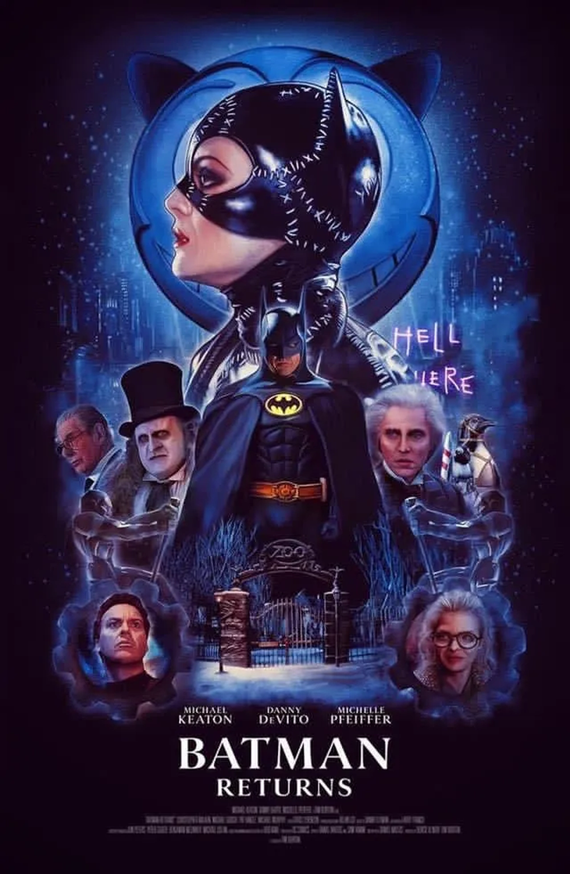 Michelle Pfeiffer, Danny DeVito, Michael Keaton, Christopher Walken, and Michael Gough in Batman Returns (1992)