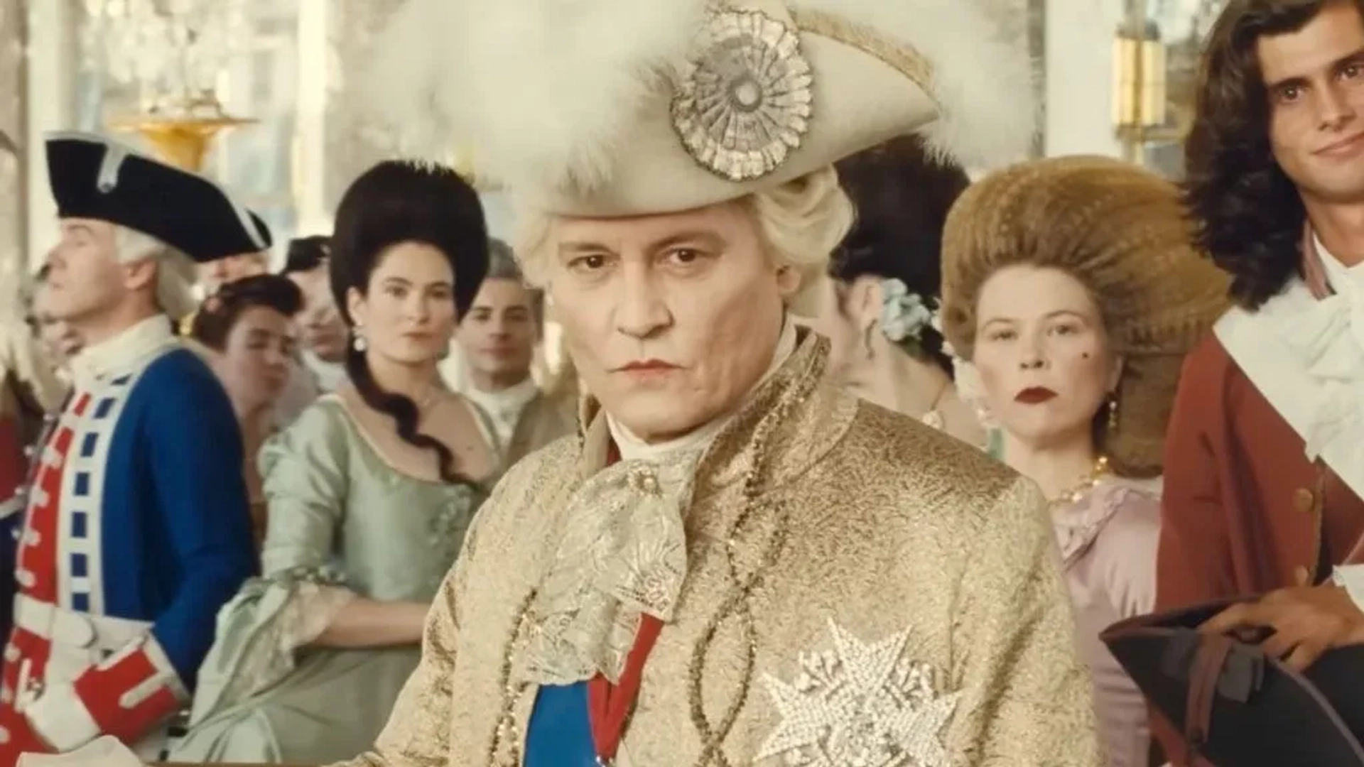 Johnny Depp, Diego Le Fur, and India Hair in Jeanne du Barry (2023)